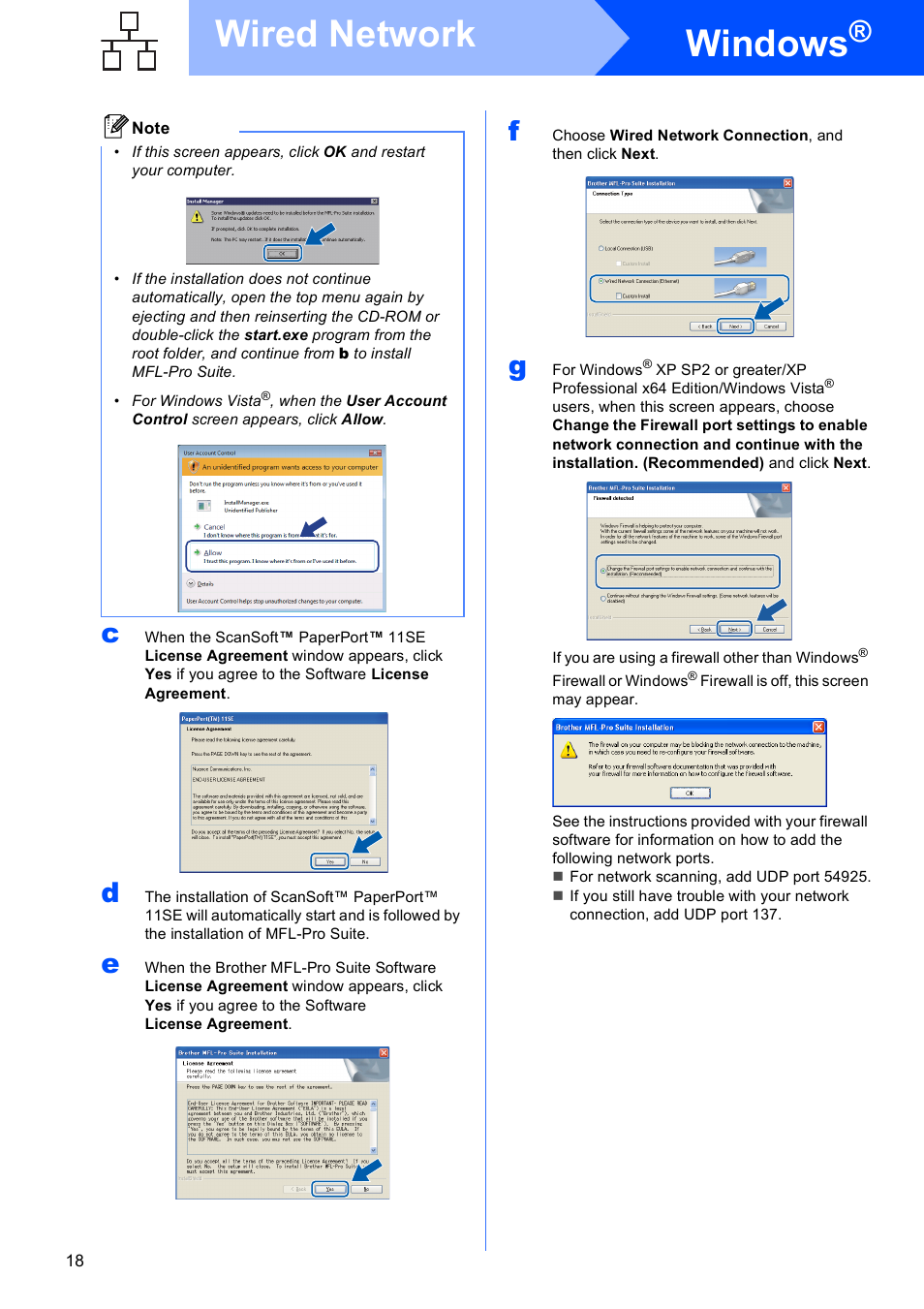 Windows, Wired network | Brother DCP-395CN User Manual | Page 18 / 28