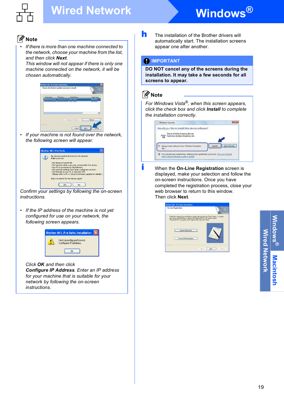 Windows, Wired network | Brother DCP-395CN User Manual | Page 19 / 28