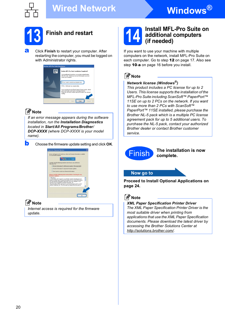 13 finish and restart, Windows, Wired network | Finish | Brother DCP-395CN User Manual | Page 20 / 28