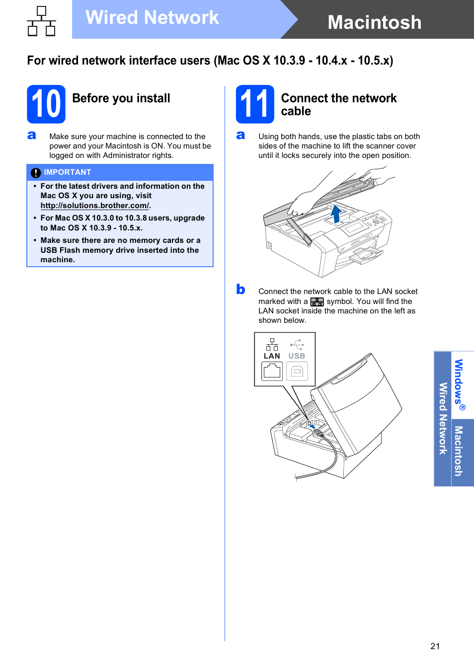 10 before you install, 11 connect the network cable, Macintosh wired network | Brother DCP-395CN User Manual | Page 21 / 28