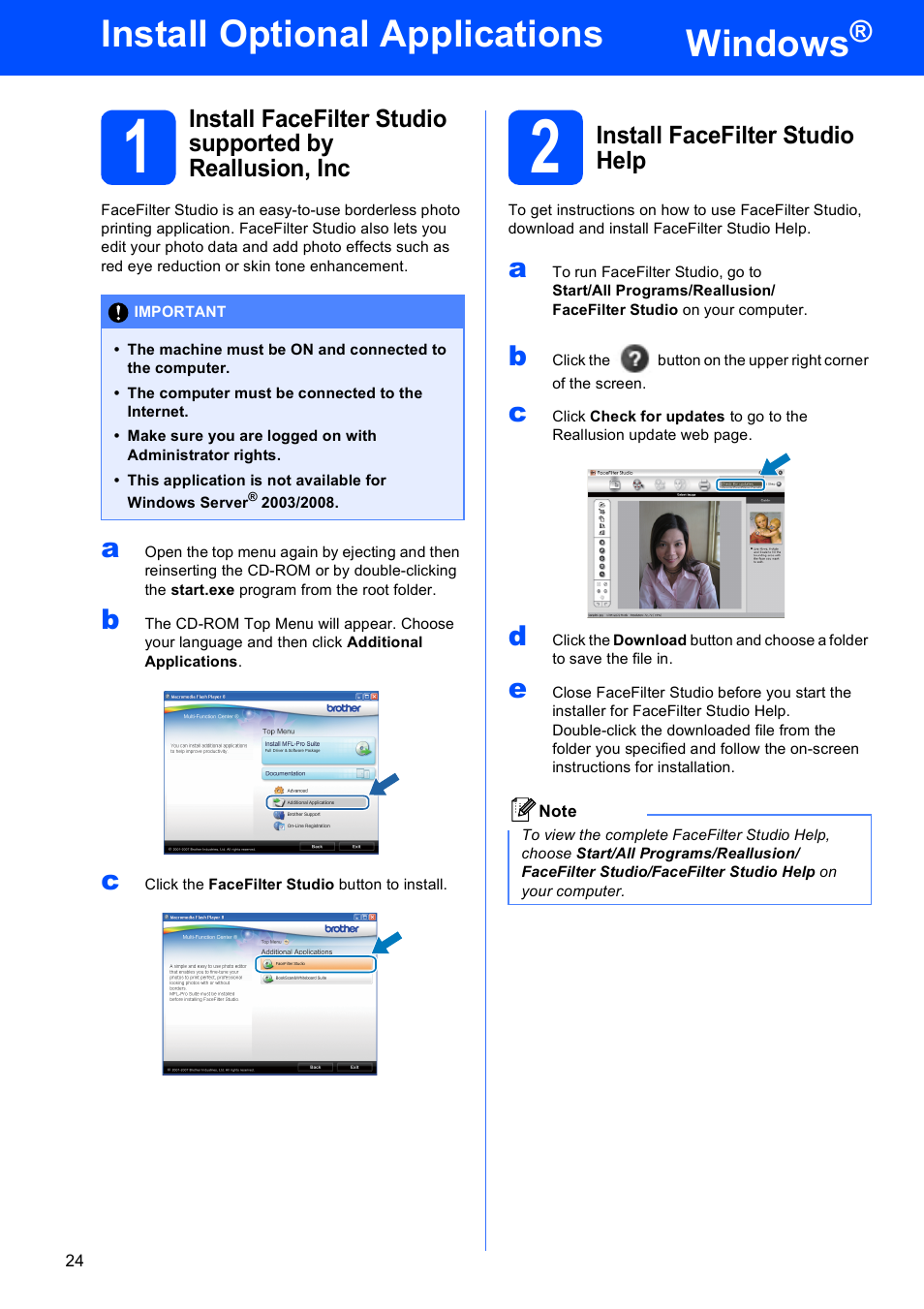Install optional applications windows, 2 install facefilter studio help, Windows | Install optional applications | Brother DCP-395CN User Manual | Page 24 / 28
