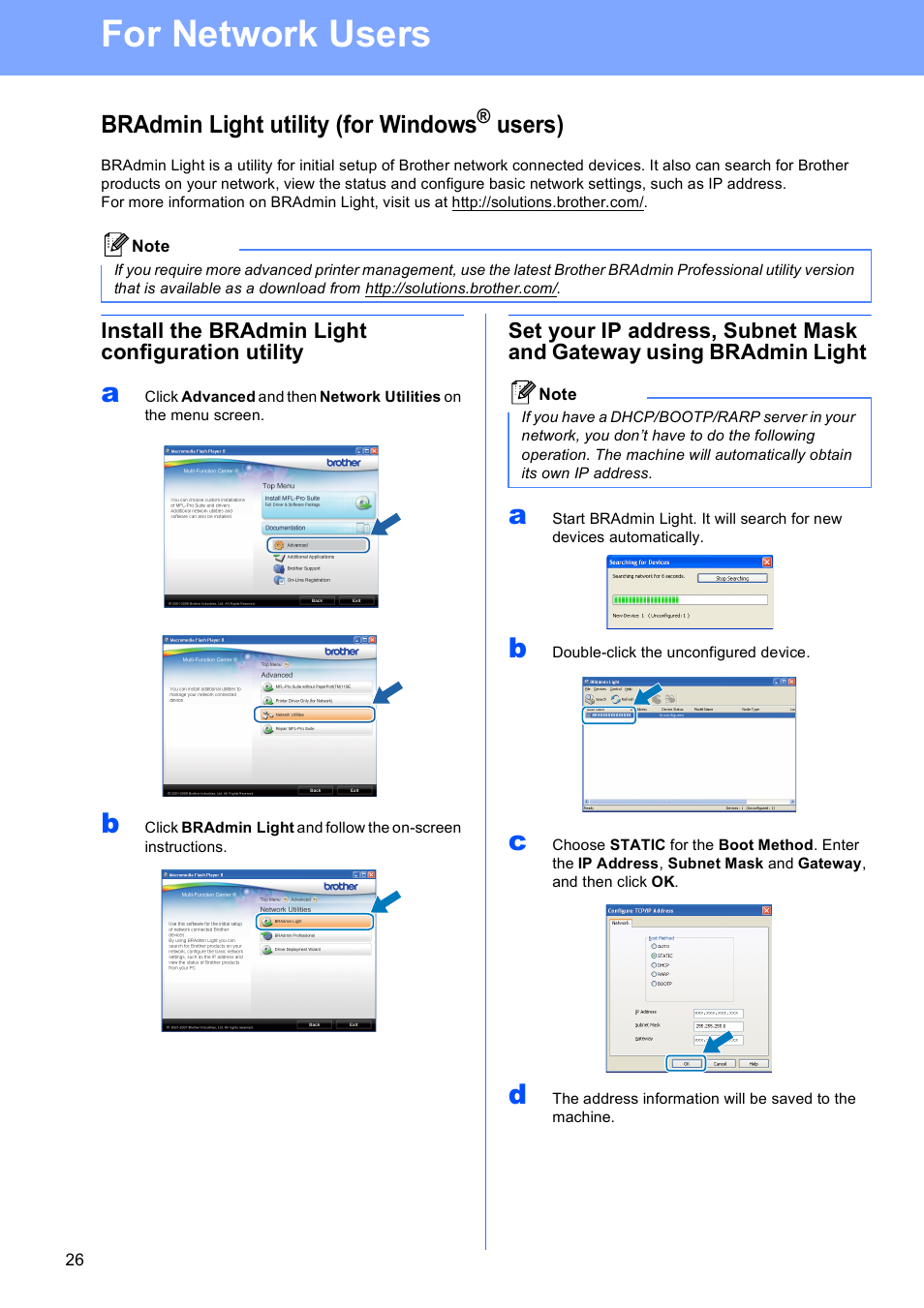 For network users, Bradmin light utility (for windows® users), Install the bradmin light configuration utility | Bradmin light utility (for windows, Users) | Brother DCP-395CN User Manual | Page 26 / 28