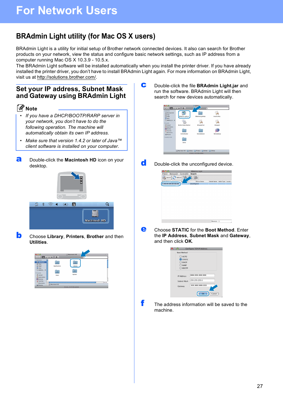 Bradmin light utility (for mac os x users), For network users | Brother DCP-395CN User Manual | Page 27 / 28