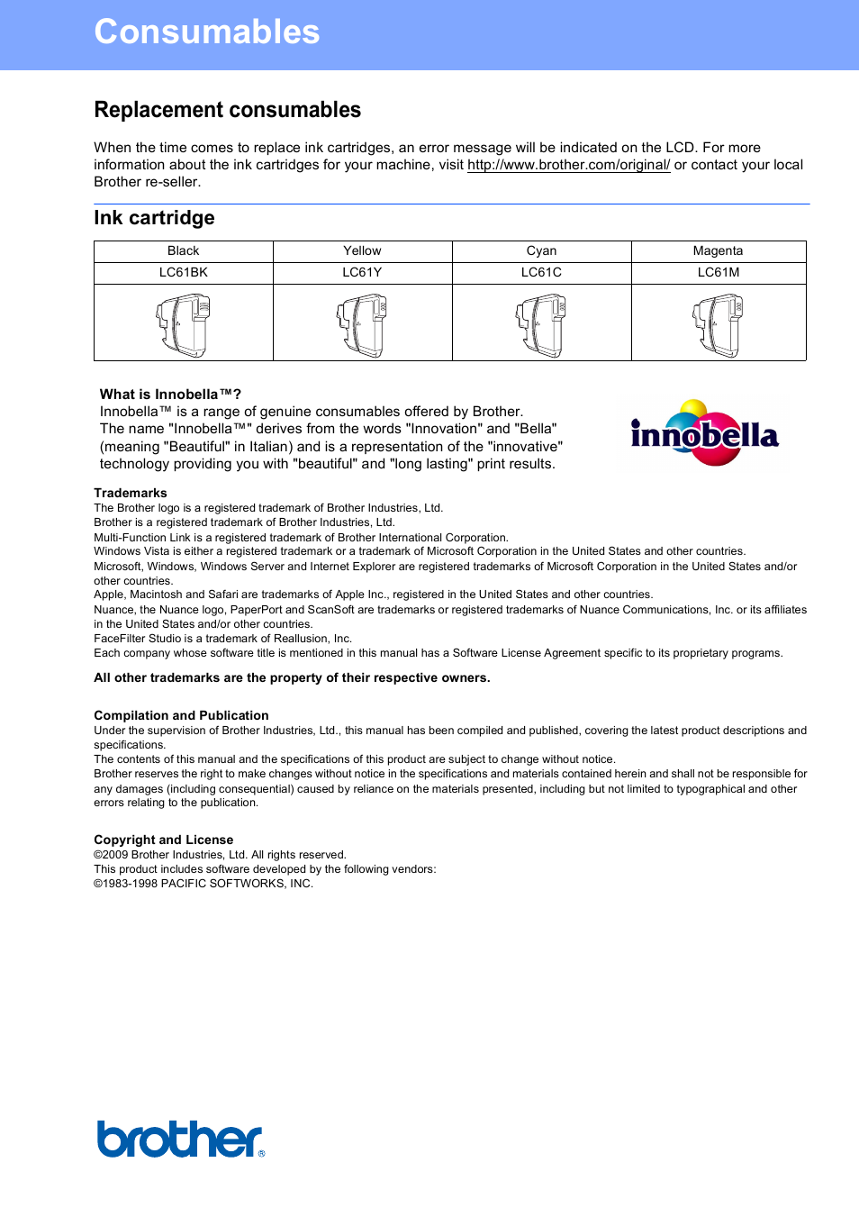 Consumables, Replacement consumables, Ink cartridge | Brother usa/can | Brother DCP-395CN User Manual | Page 28 / 28