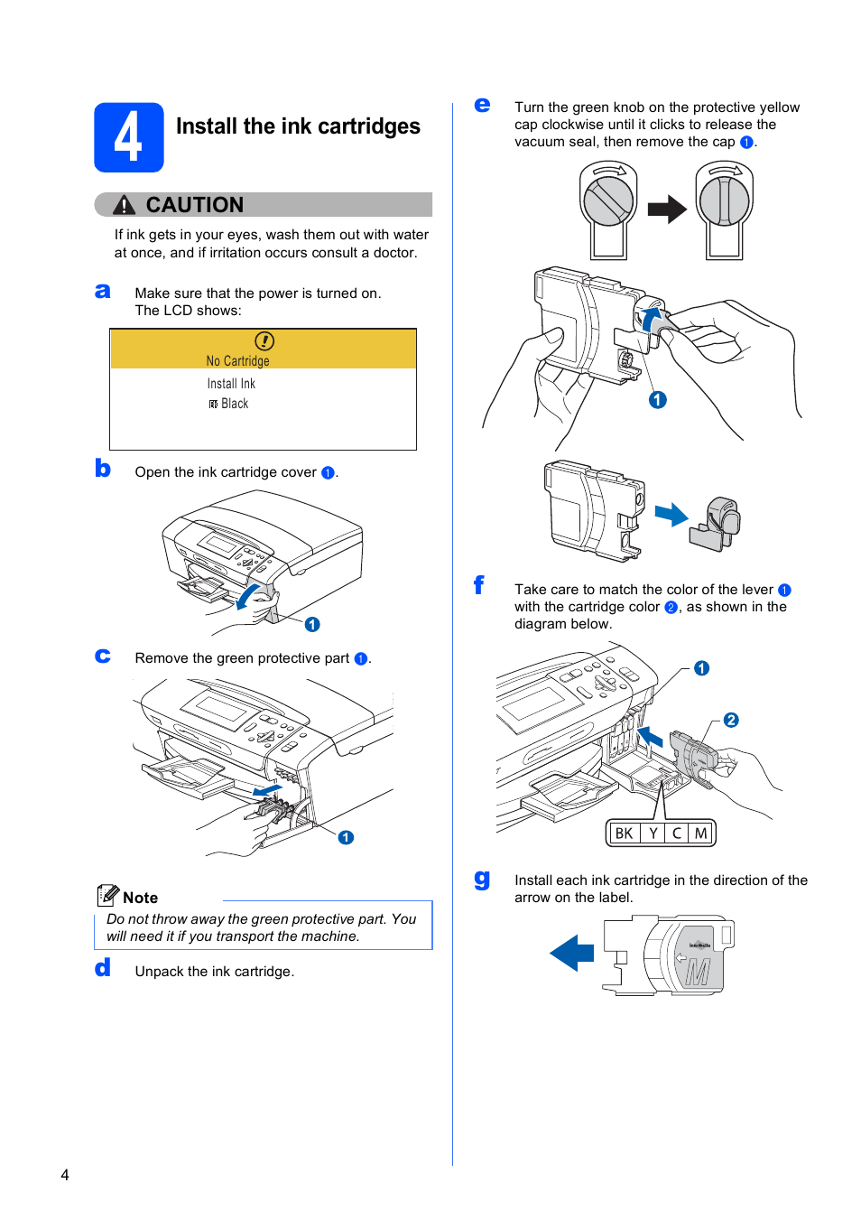 4 install the ink cartridges, Install the ink cartridges, Caution | Brother DCP-395CN User Manual | Page 4 / 28
