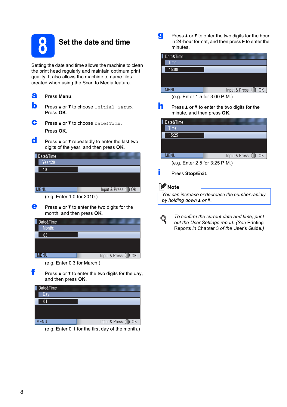 8 set the date and time, Set the date and time | Brother DCP-395CN User Manual | Page 8 / 28