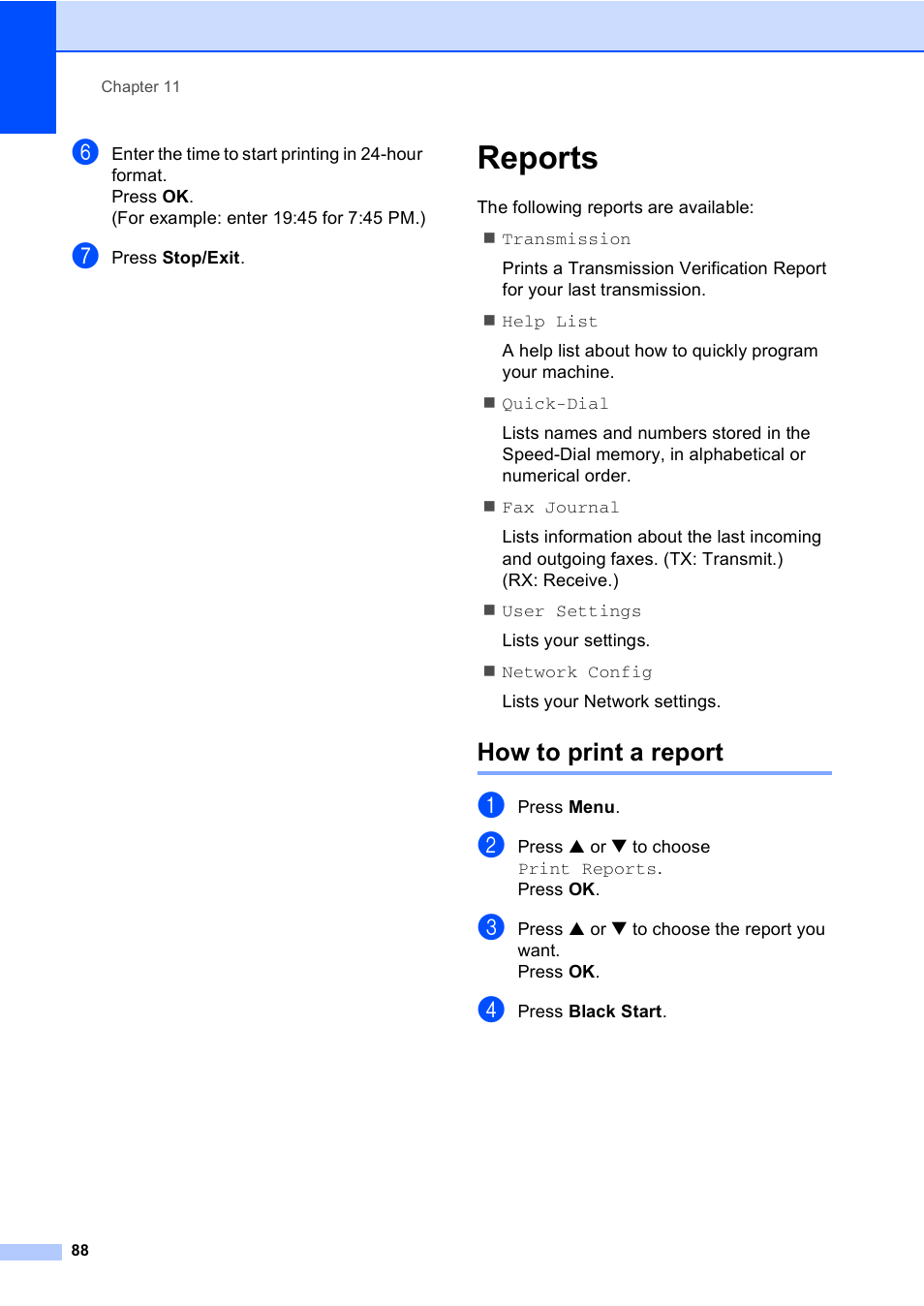 Reports, How to print a report | Brother MFC-665CW User Manual | Page 104 / 217