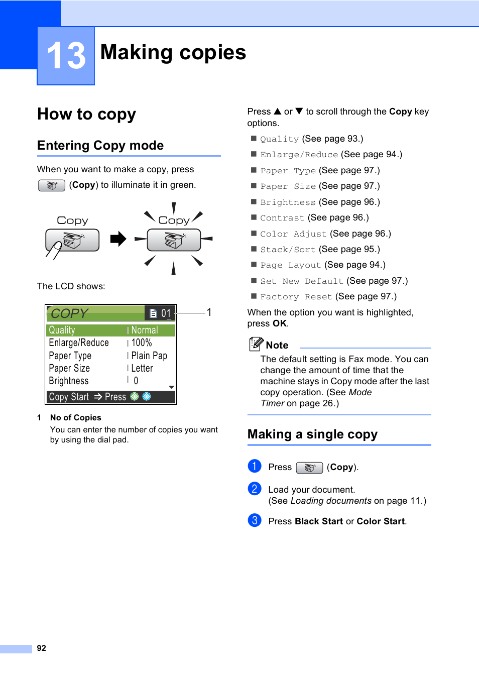 13 making copies, How to copy, Entering copy mode | Making a single copy, Making copies, Entering copy mode making a single copy, Copy | Brother MFC-665CW User Manual | Page 108 / 217