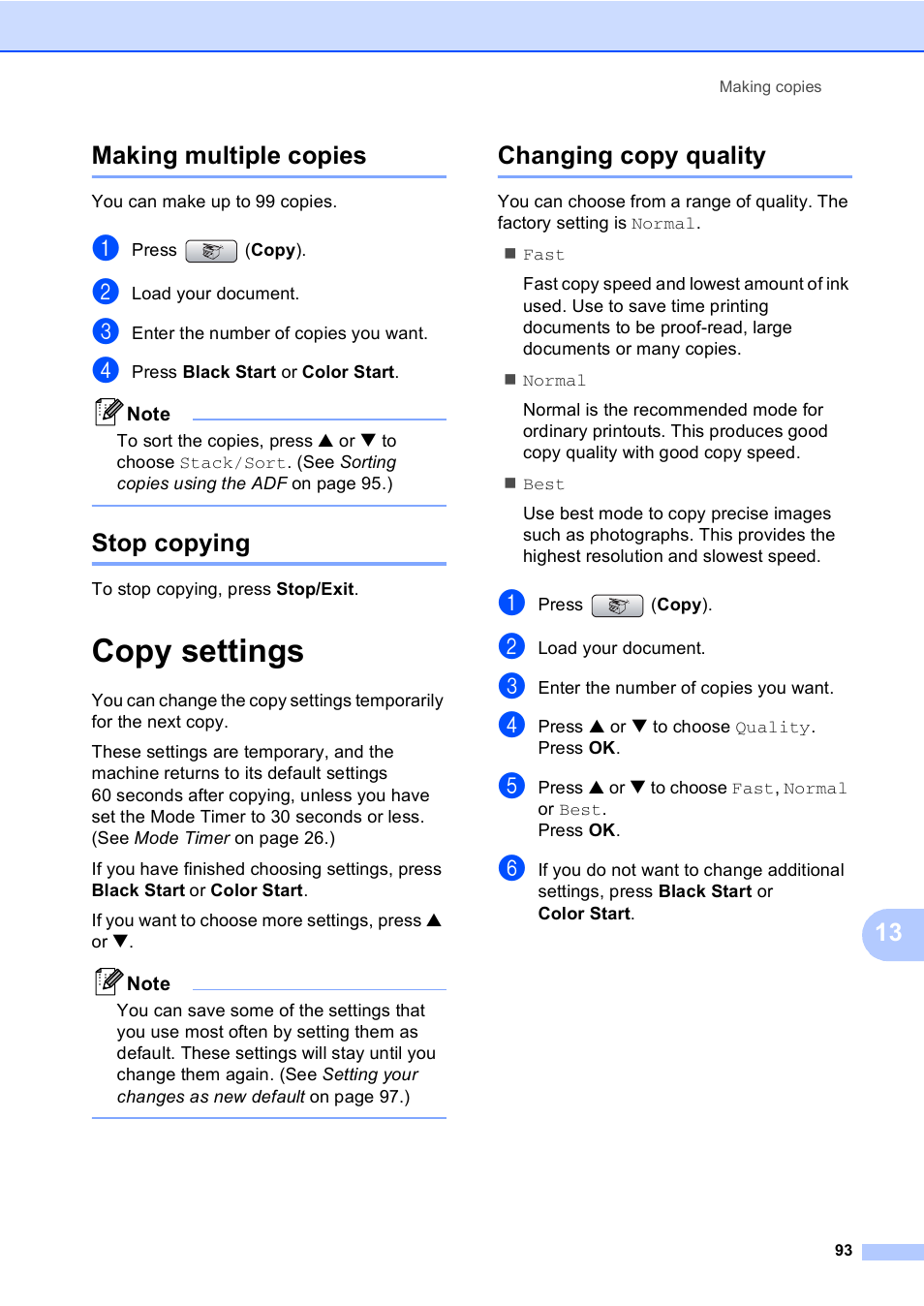 Making multiple copies, Stop copying, Copy settings | Changing copy quality, Making multiple copies stop copying, 13 making multiple copies | Brother MFC-665CW User Manual | Page 109 / 217