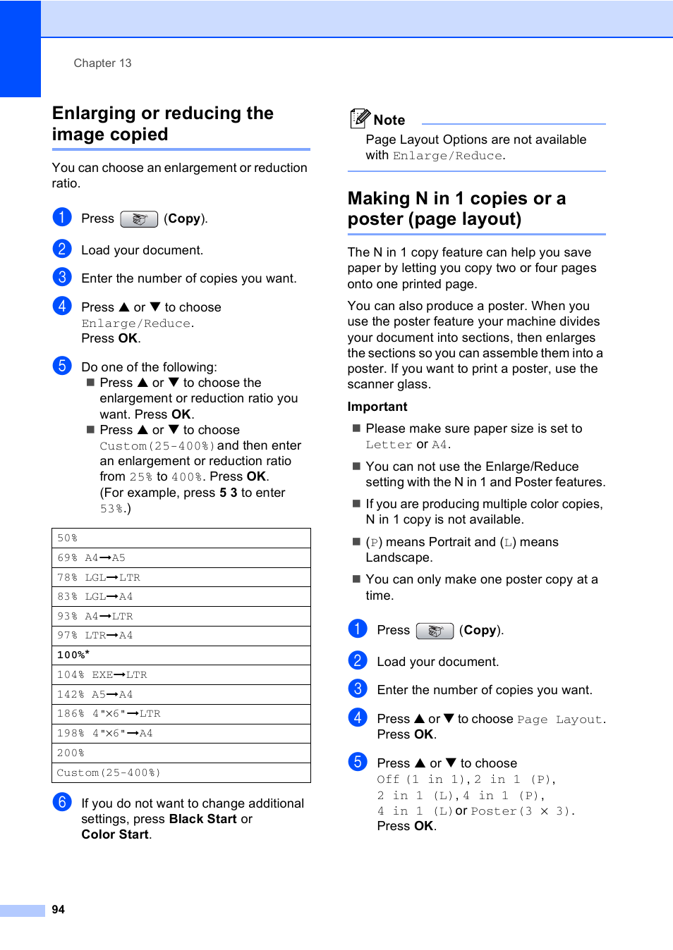 Enlarging or reducing the image copied, Making n in 1 copies or a poster (page layout) | Brother MFC-665CW User Manual | Page 110 / 217