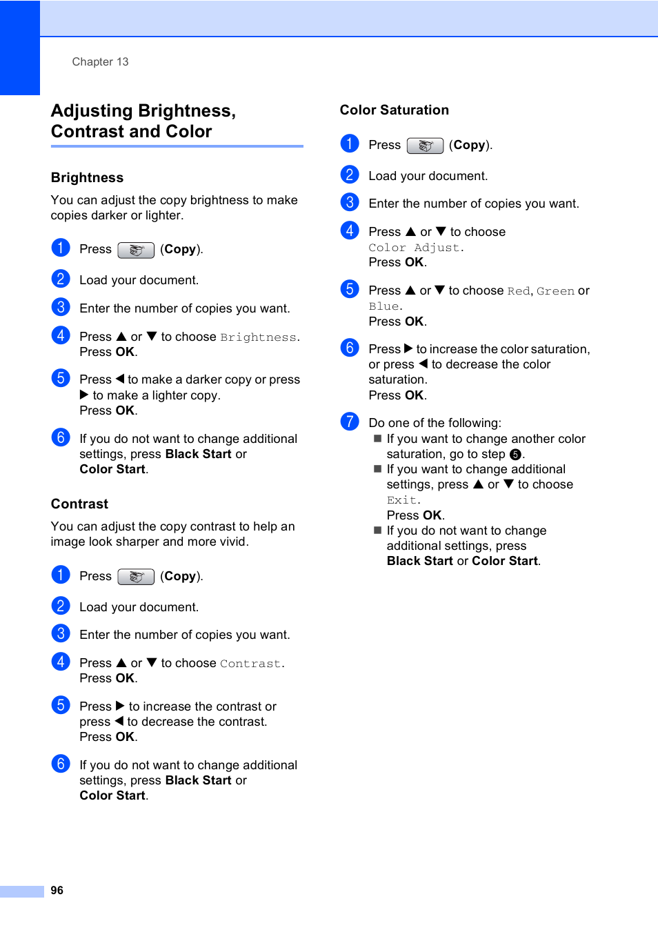 Adjusting brightness, contrast and color, Brightness, Contrast | Color saturation | Brother MFC-665CW User Manual | Page 112 / 217