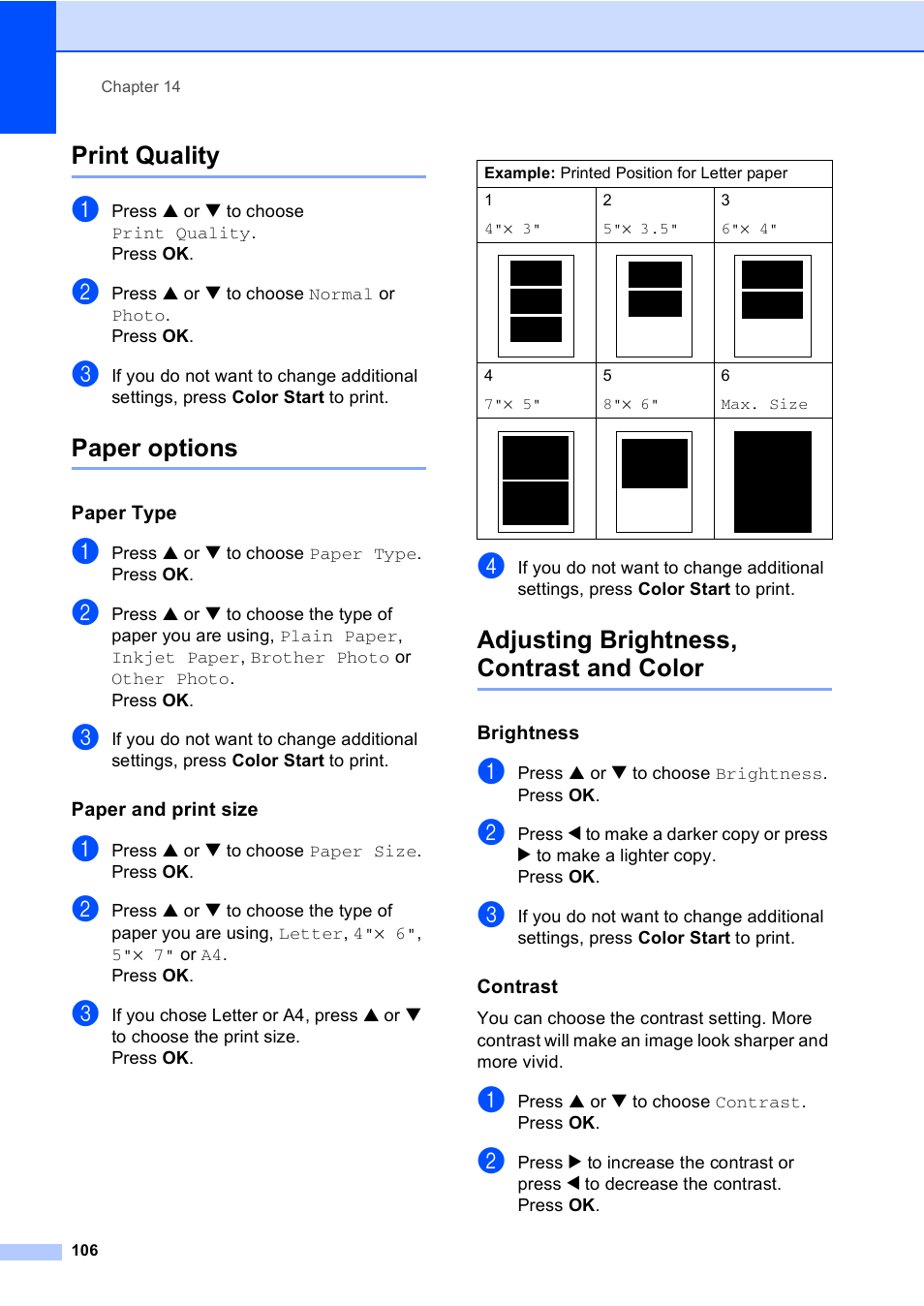 Print quality, Paper options, Paper type | Paper and print size, Adjusting brightness, contrast and color, Brightness, Contrast, Print quality paper options | Brother MFC-665CW User Manual | Page 122 / 217