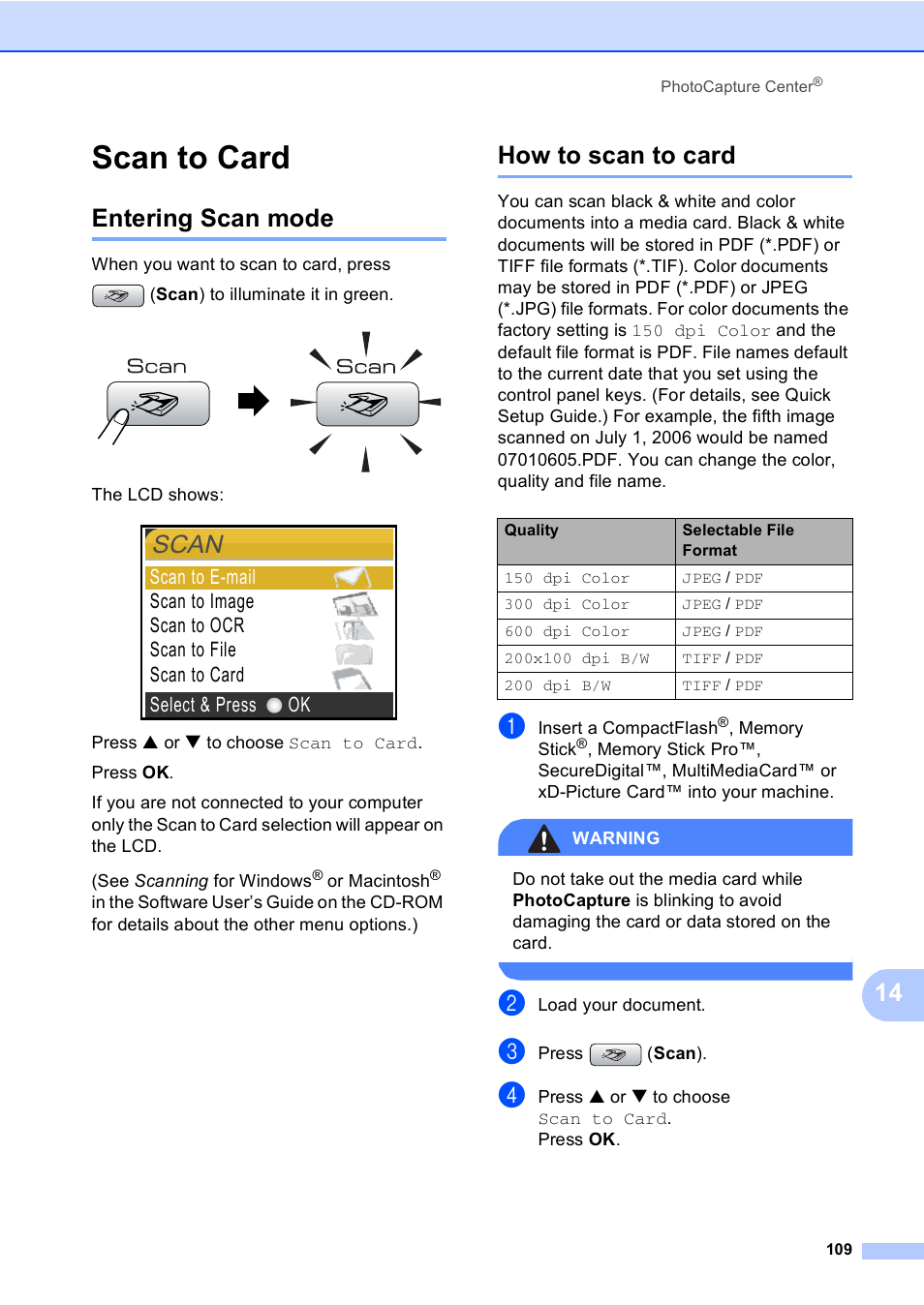 Scan to card, Entering scan mode, How to scan to card | Entering scan mode how to scan to card, Scan | Brother MFC-665CW User Manual | Page 125 / 217