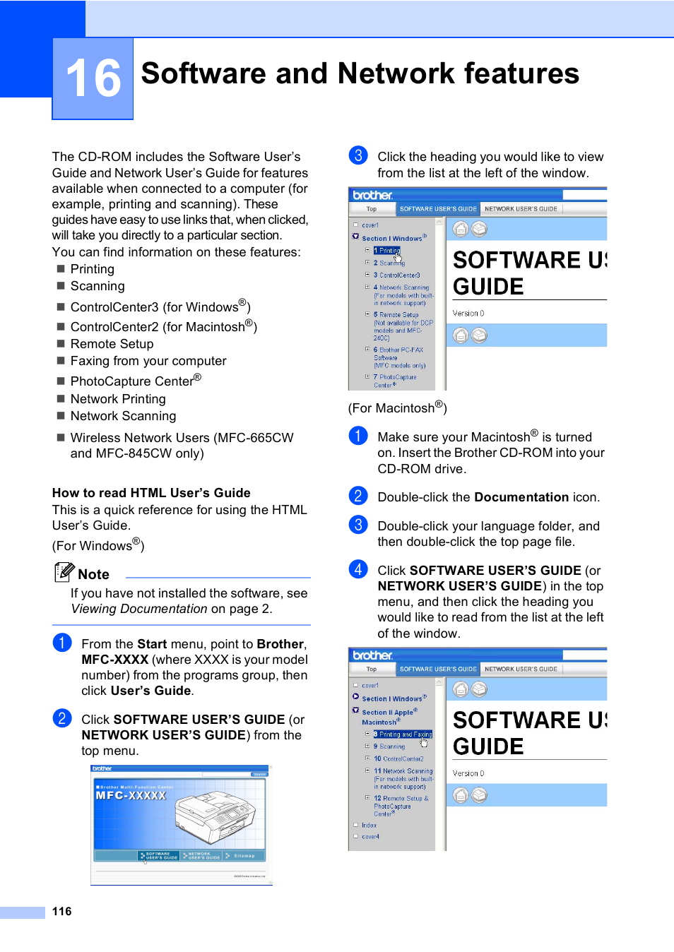 16 software and network features, Software and network features | Brother MFC-665CW User Manual | Page 132 / 217