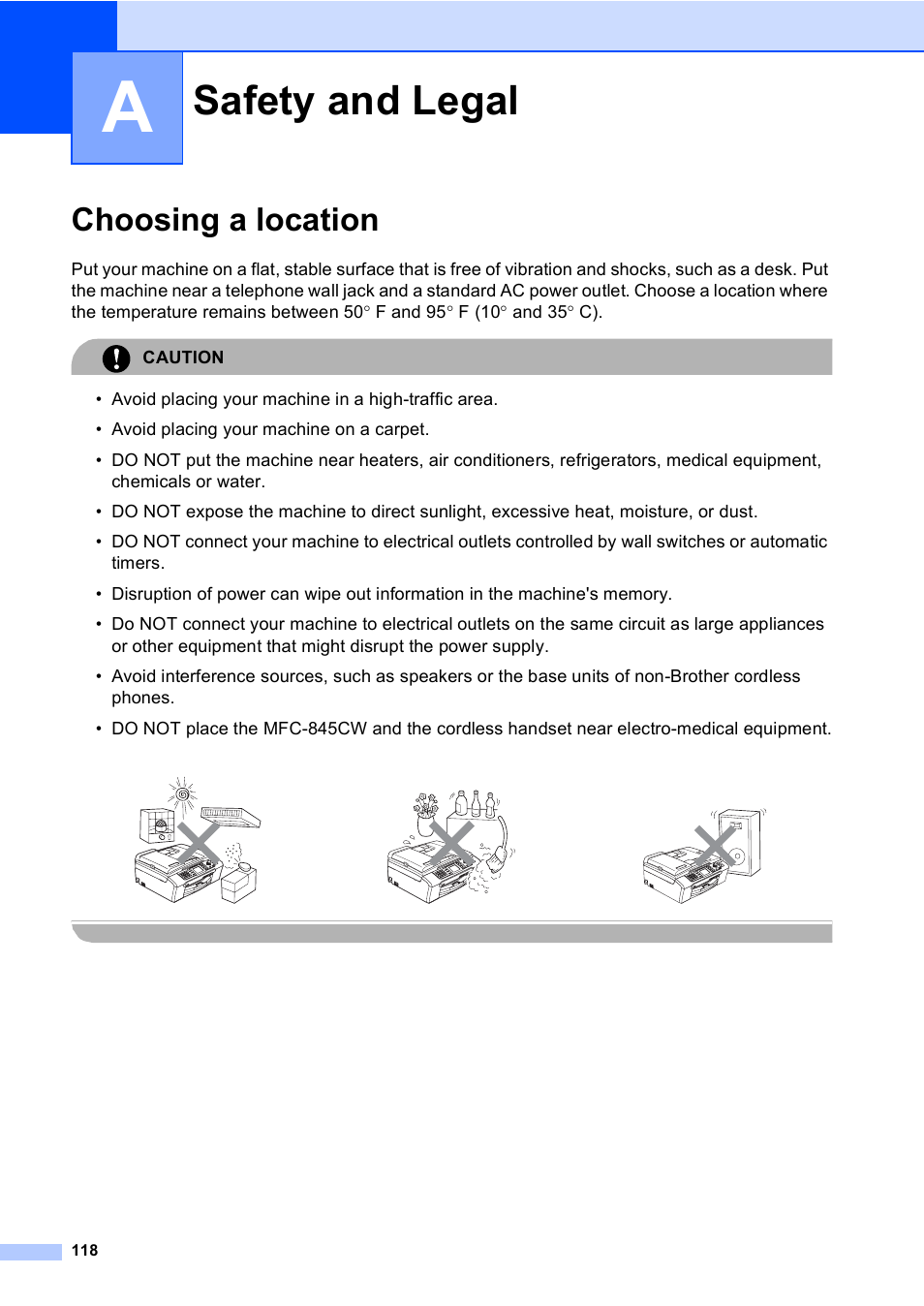 A safety and legal, Choosing a location, Safety and legal | Brother MFC-665CW User Manual | Page 134 / 217