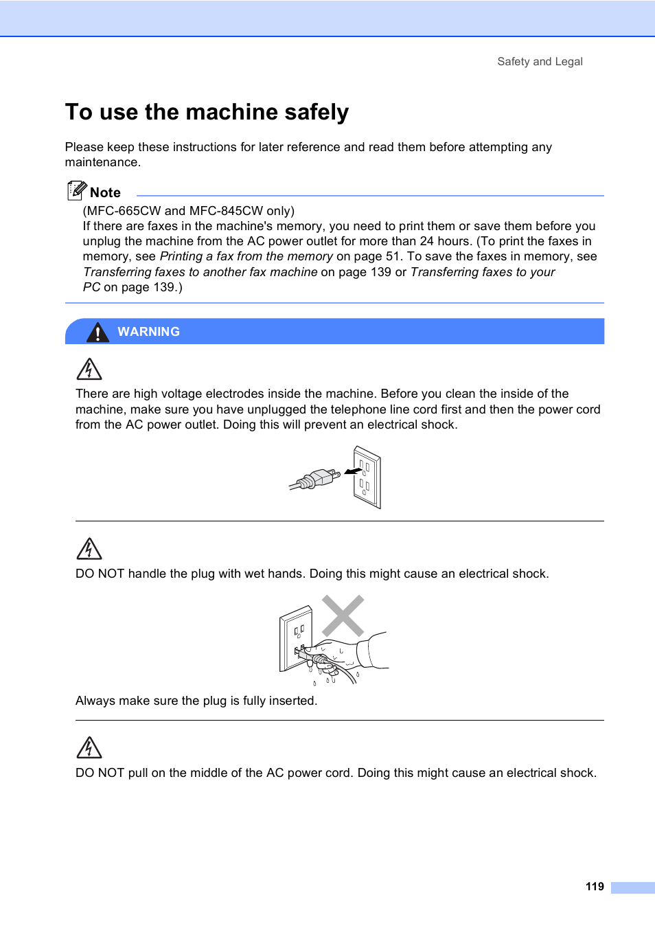 To use the machine safely, Warning, Always make sure the plug is fully inserted | Safety and legal 119 | Brother MFC-665CW User Manual | Page 135 / 217