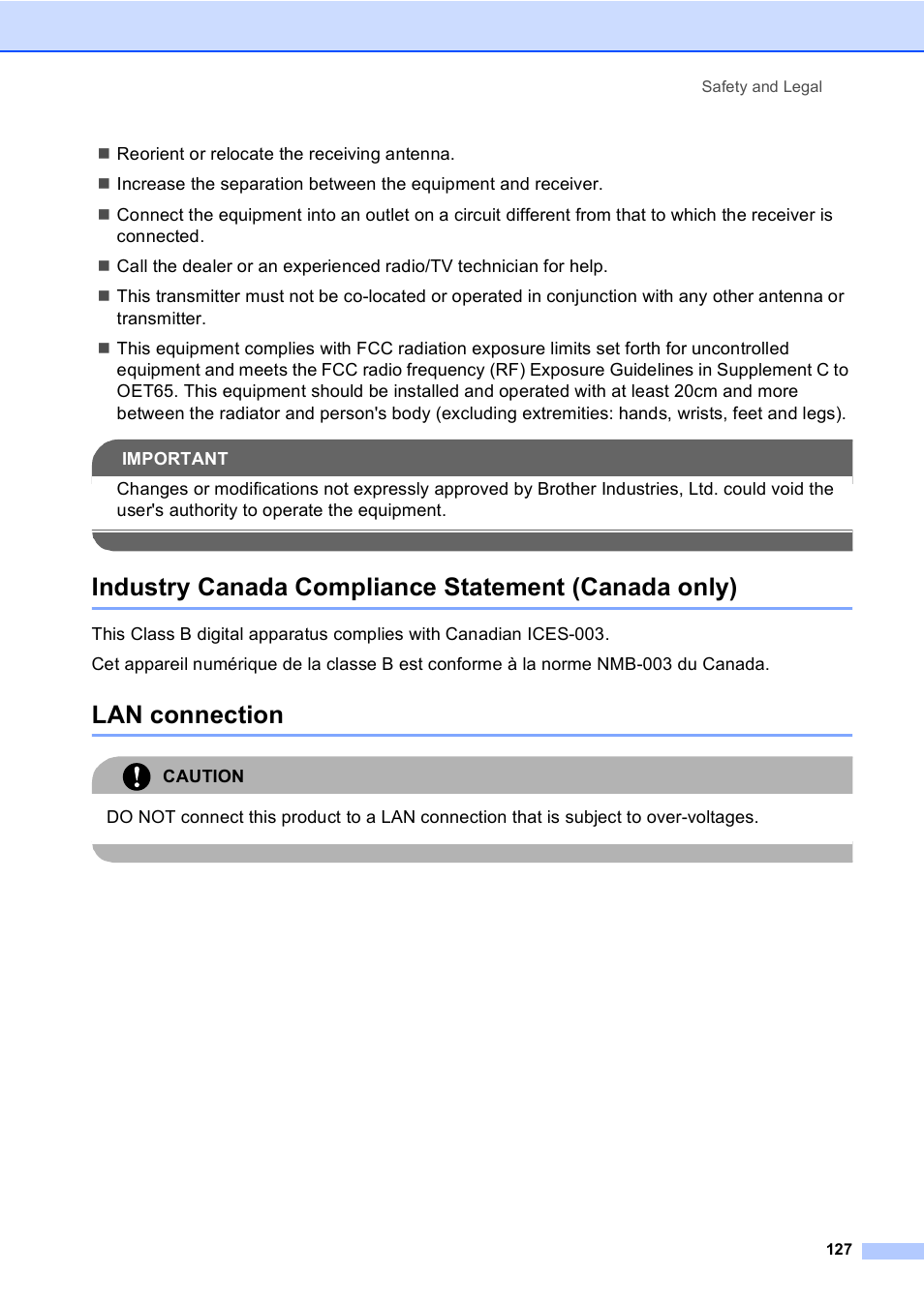 Industry canada compliance statement (canada only), Lan connection | Brother MFC-665CW User Manual | Page 143 / 217