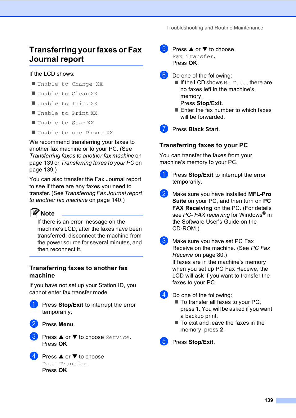 Transferring your faxes or fax journal report, Transferring faxes to another fax machine, Transferring faxes to your pc | Brother MFC-665CW User Manual | Page 155 / 217