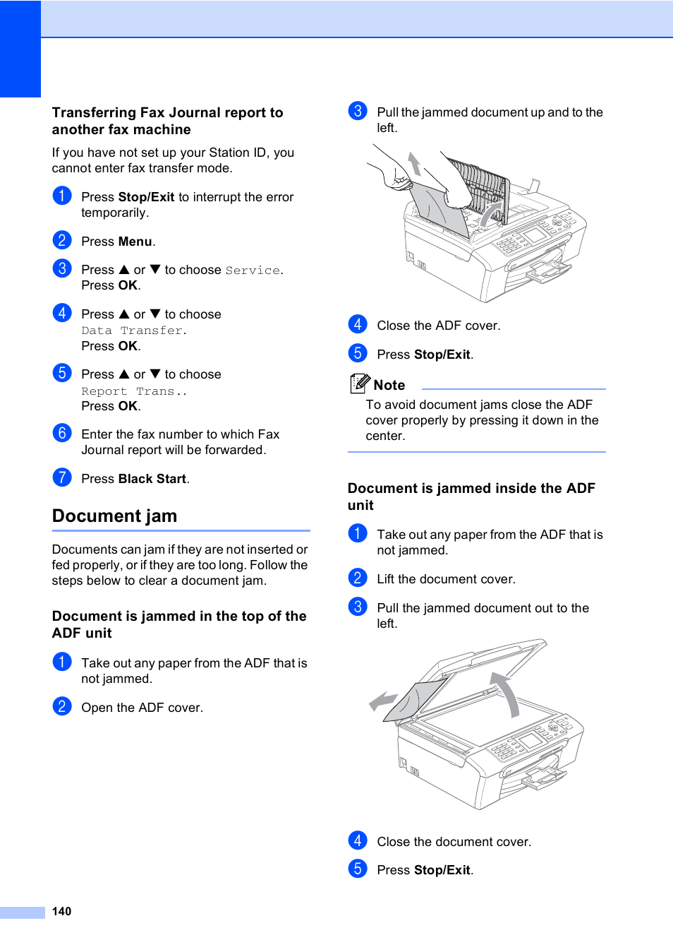 Document jam, Document is jammed in the top of the adf unit, Document is jammed inside the adf unit | Brother MFC-665CW User Manual | Page 156 / 217