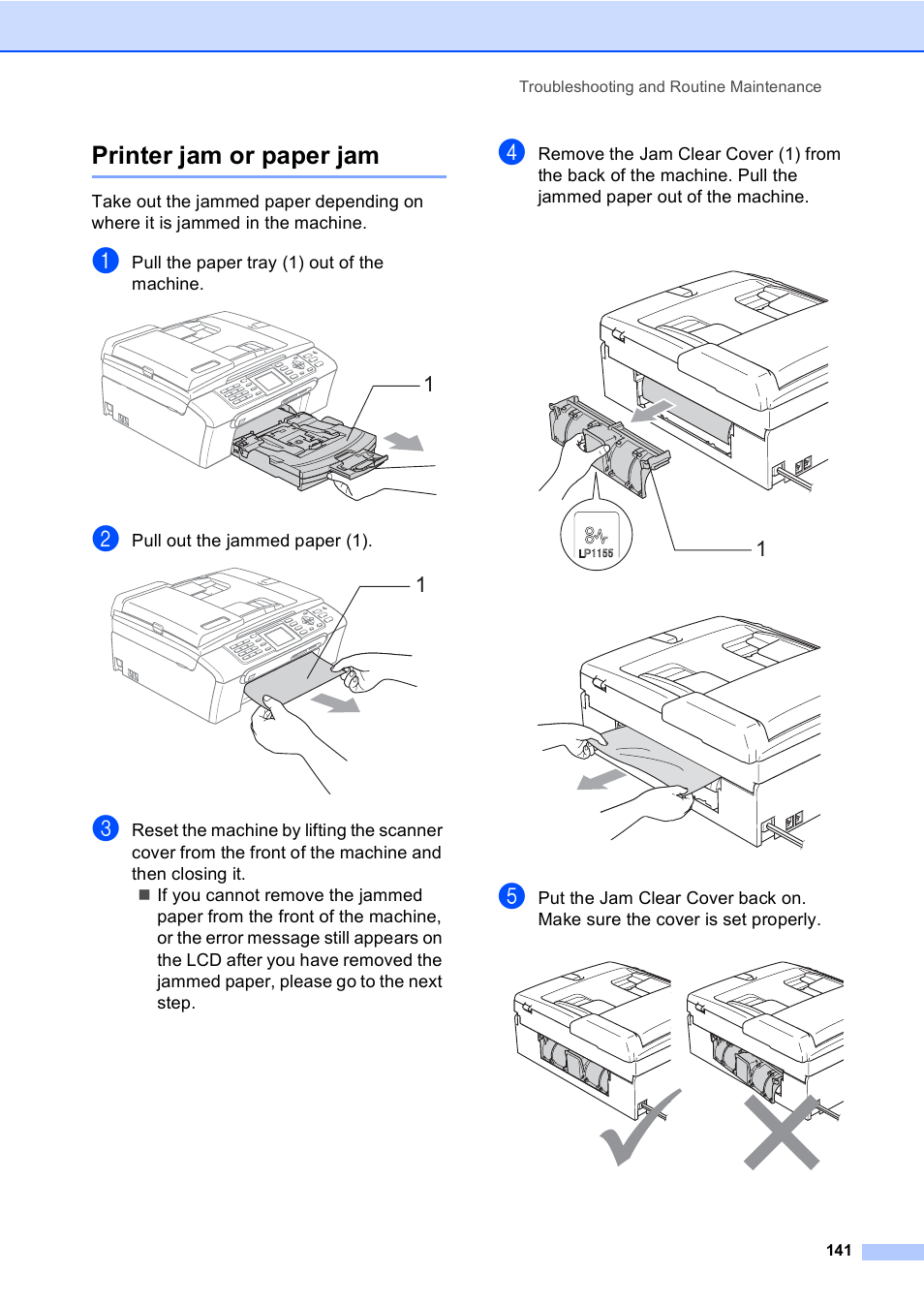 Printer jam or paper jam | Brother MFC-665CW User Manual | Page 157 / 217