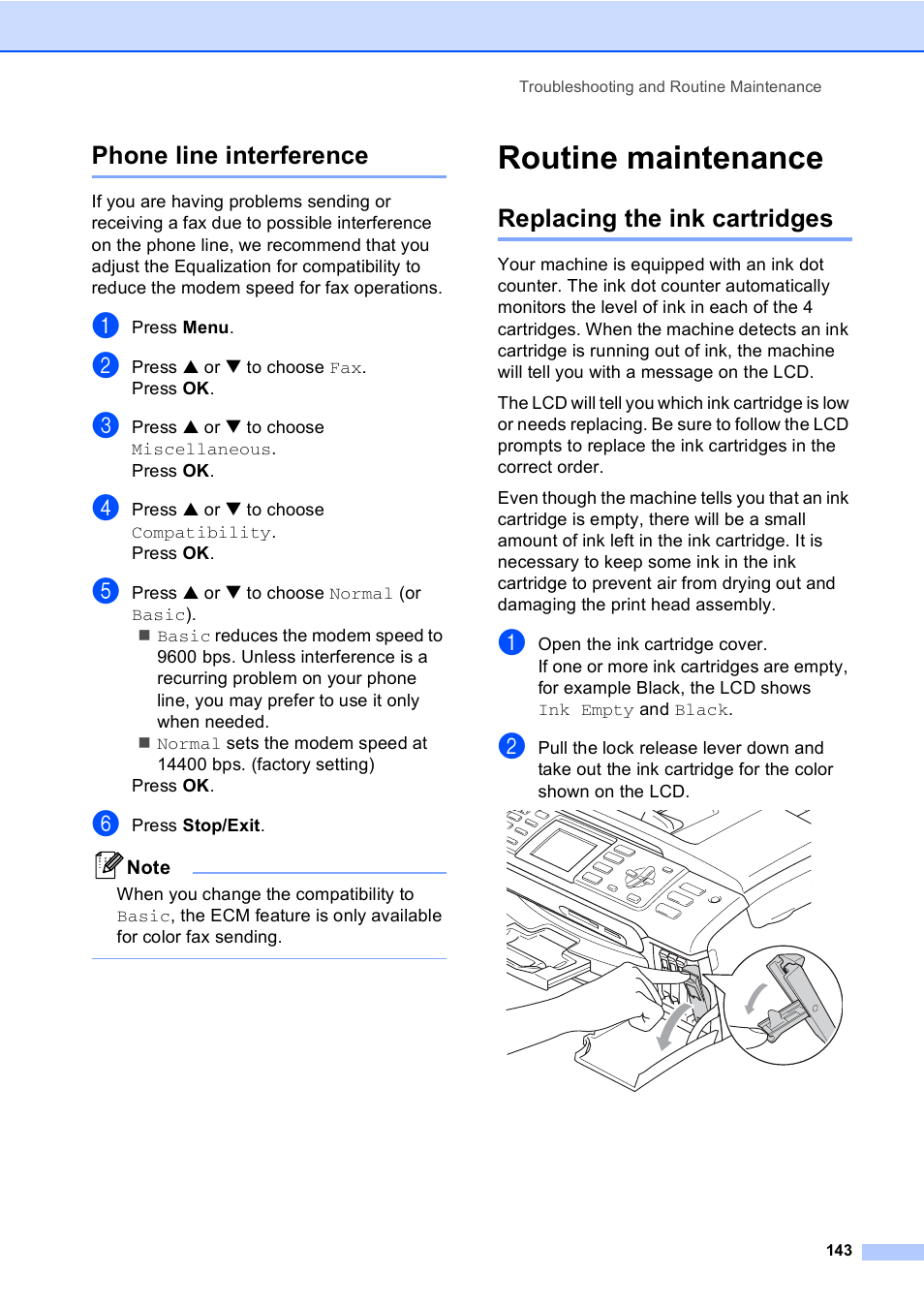 Phone line interference, Routine maintenance, Replacing the ink cartridges | Replacing | Brother MFC-665CW User Manual | Page 159 / 217