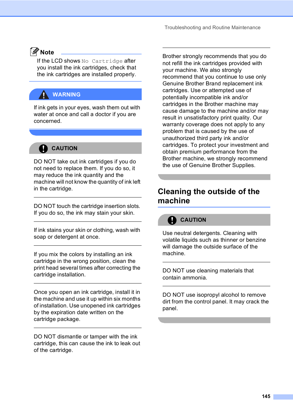 Cleaning the outside of the machine, Warning, Caution | Do not use cleaning materials that contain ammonia, Troubleshooting and routine maintenance 145 | Brother MFC-665CW User Manual | Page 161 / 217
