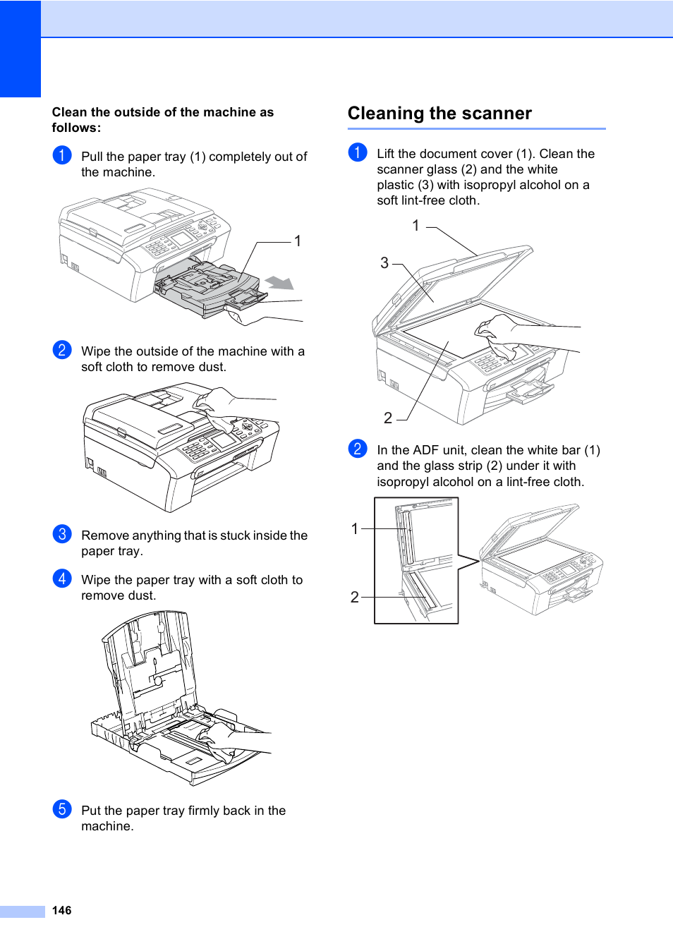 Cleaning the scanner | Brother MFC-665CW User Manual | Page 162 / 217