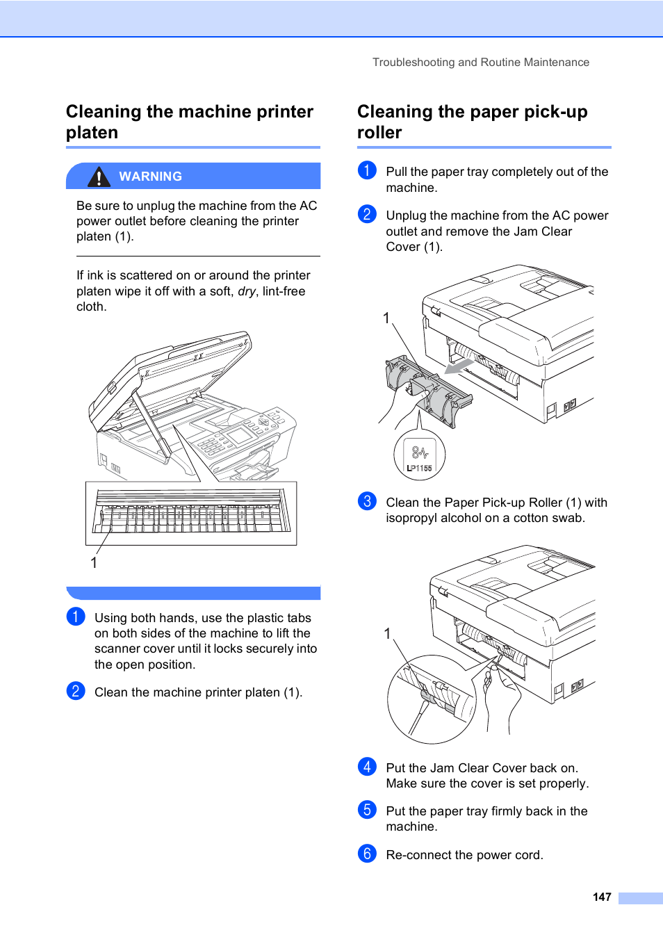 Cleaning the machine printer platen, Cleaning the paper pick-up roller | Brother MFC-665CW User Manual | Page 163 / 217