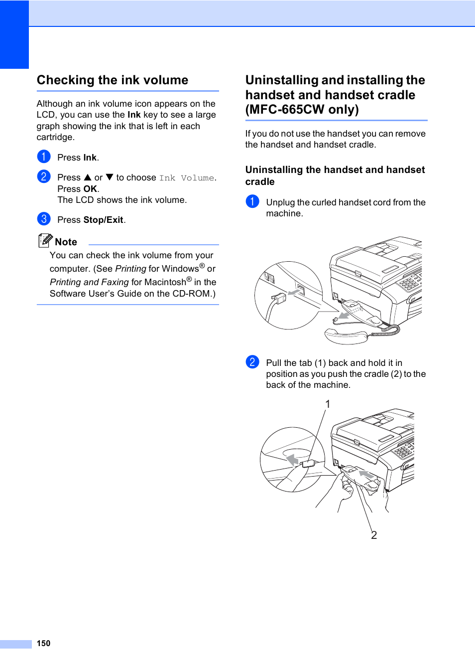 Checking the ink volume, Uninstalling the handset and handset cradle, Mfc-665cw only) | Brother MFC-665CW User Manual | Page 166 / 217