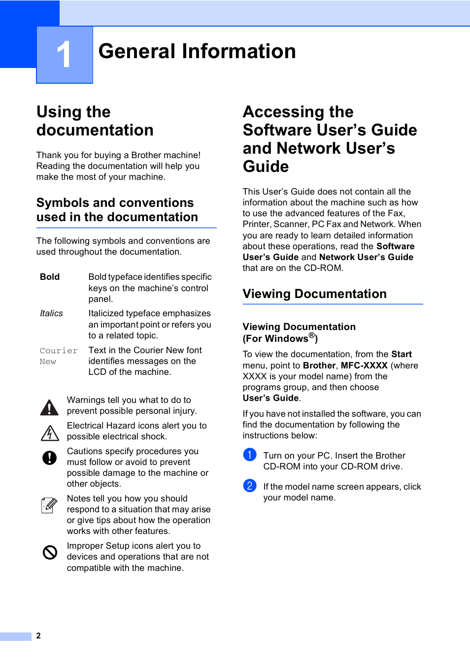 1 general information, Using the documentation, Symbols and conventions used in the documentation | Viewing documentation, Viewing documentation (for windows®), General information | Brother MFC-665CW User Manual | Page 18 / 217