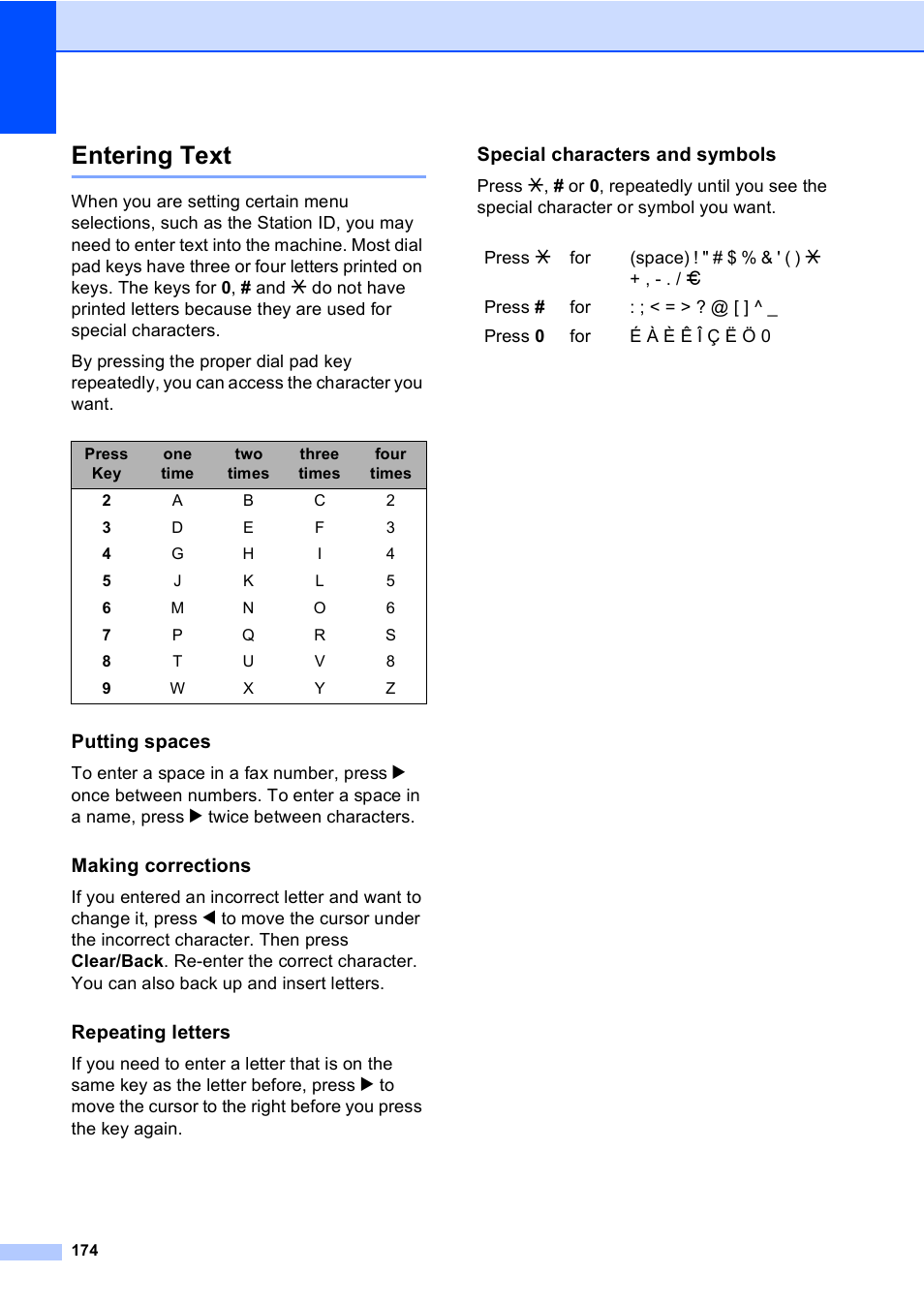 Entering text, Putting spaces, Making corrections | Repeating letters, Special characters and symbols | Brother MFC-665CW User Manual | Page 190 / 217
