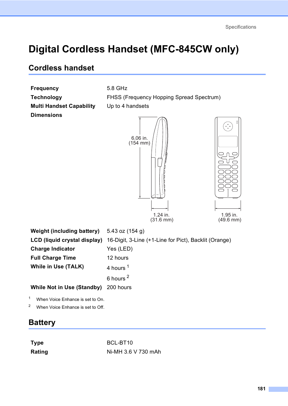 Digital cordless handset (mfc-845cw only), Cordless handset, Battery | Cordless handset battery | Brother MFC-665CW User Manual | Page 197 / 217