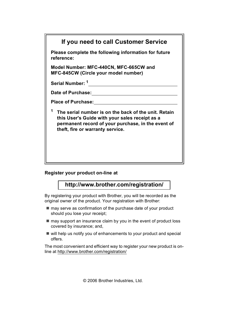 If you need to call customer service | Brother MFC-665CW User Manual | Page 2 / 217