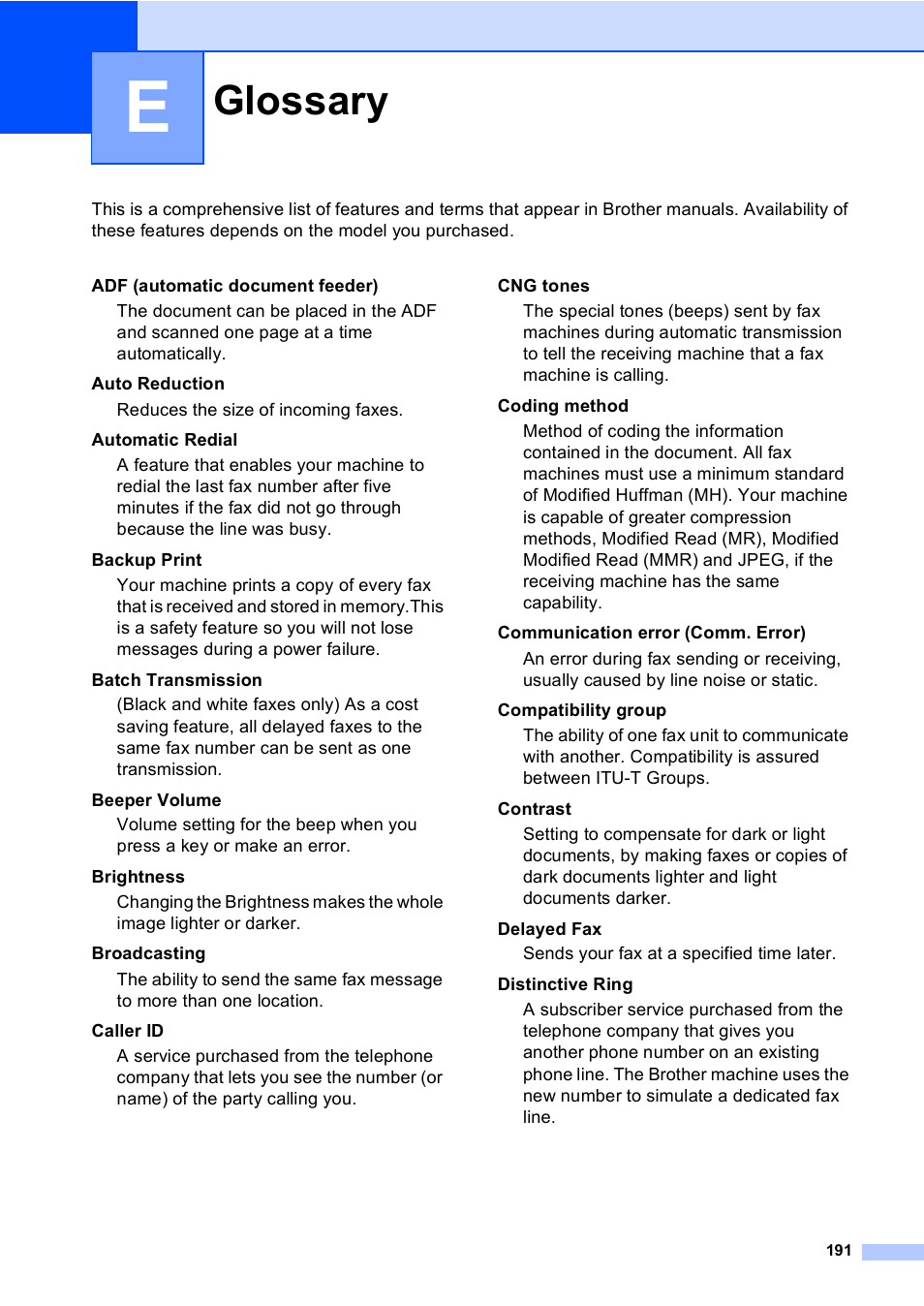 E glossary, Glossary | Brother MFC-665CW User Manual | Page 207 / 217