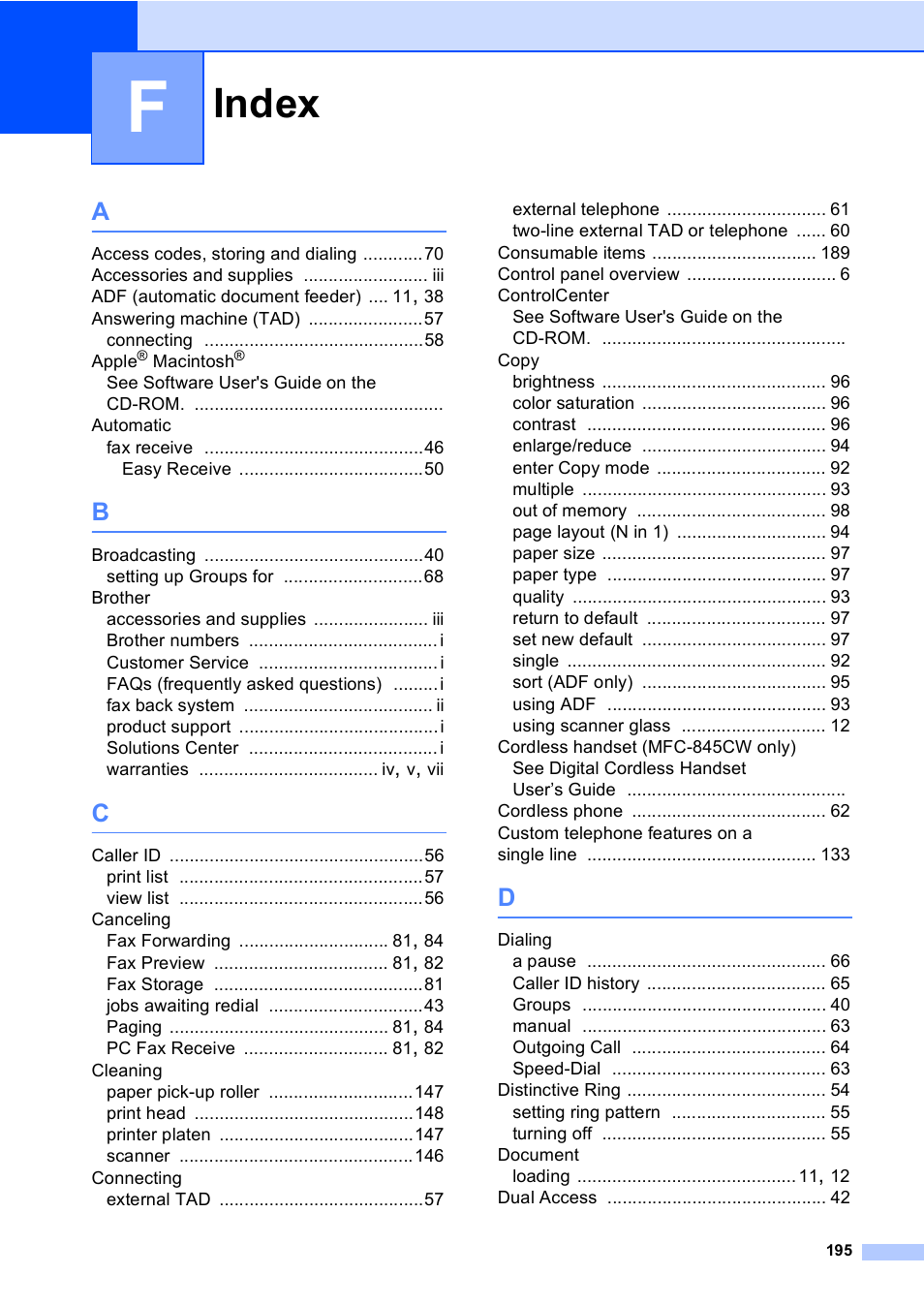 Index | Brother MFC-665CW User Manual | Page 211 / 217