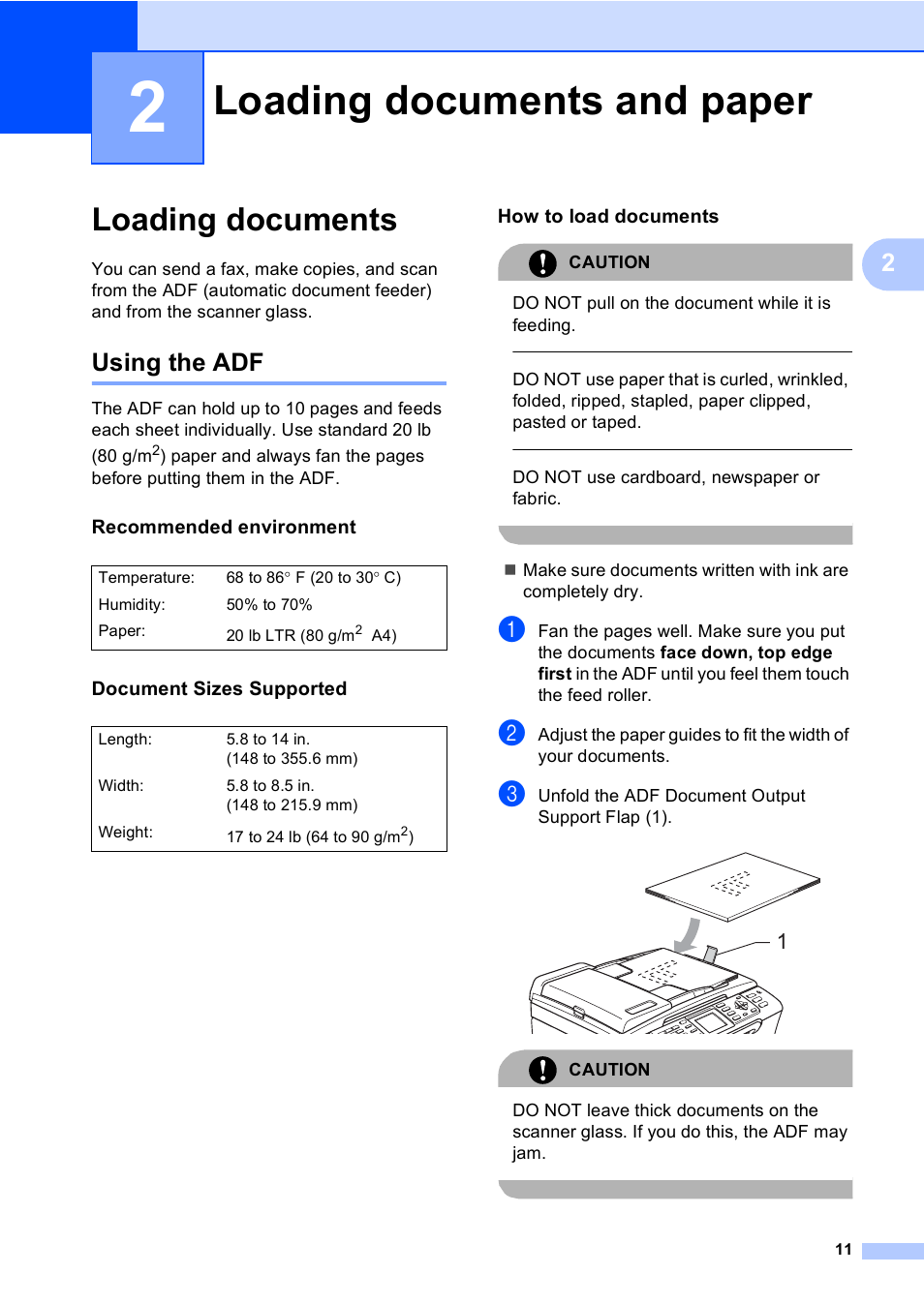 2 loading documents and paper, Loading documents, Using the adf | Recommended environment, Document sizes supported, How to load documents, Loading documents and paper | Brother MFC-665CW User Manual | Page 27 / 217