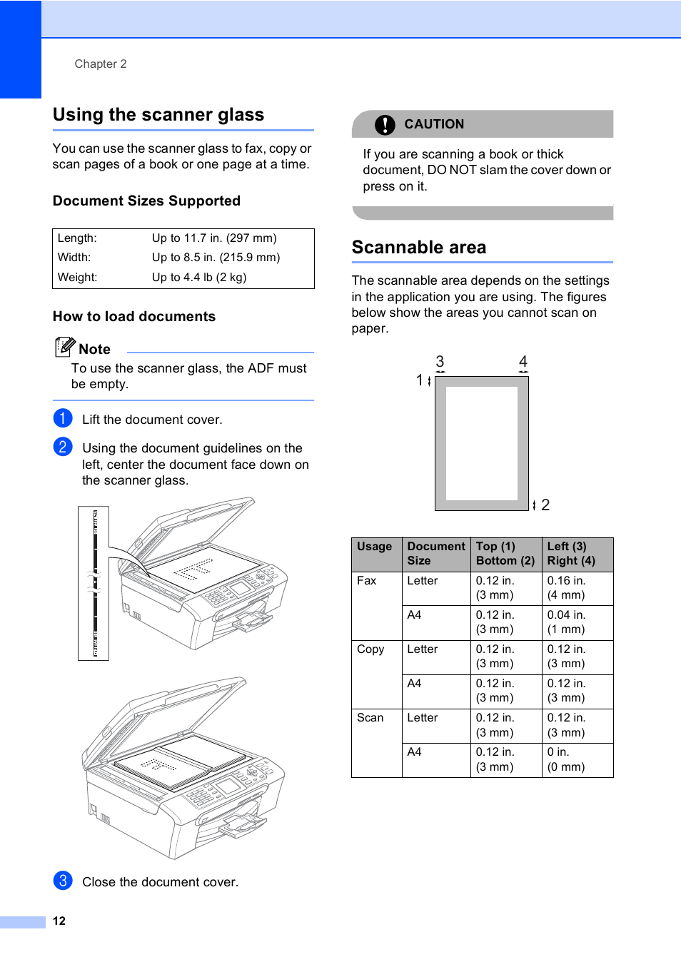 Using the scanner glass, Document sizes supported, How to load documents | Scannable area, Using the scanner glass scannable area | Brother MFC-665CW User Manual | Page 28 / 217