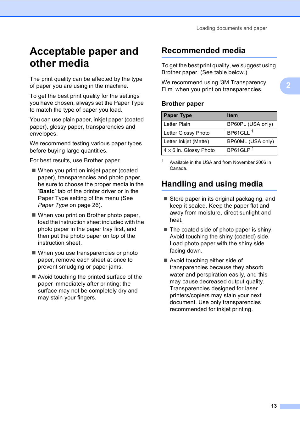 Acceptable paper and other media, Recommended media, Handling and using media | Recommended media handling and using media | Brother MFC-665CW User Manual | Page 29 / 217