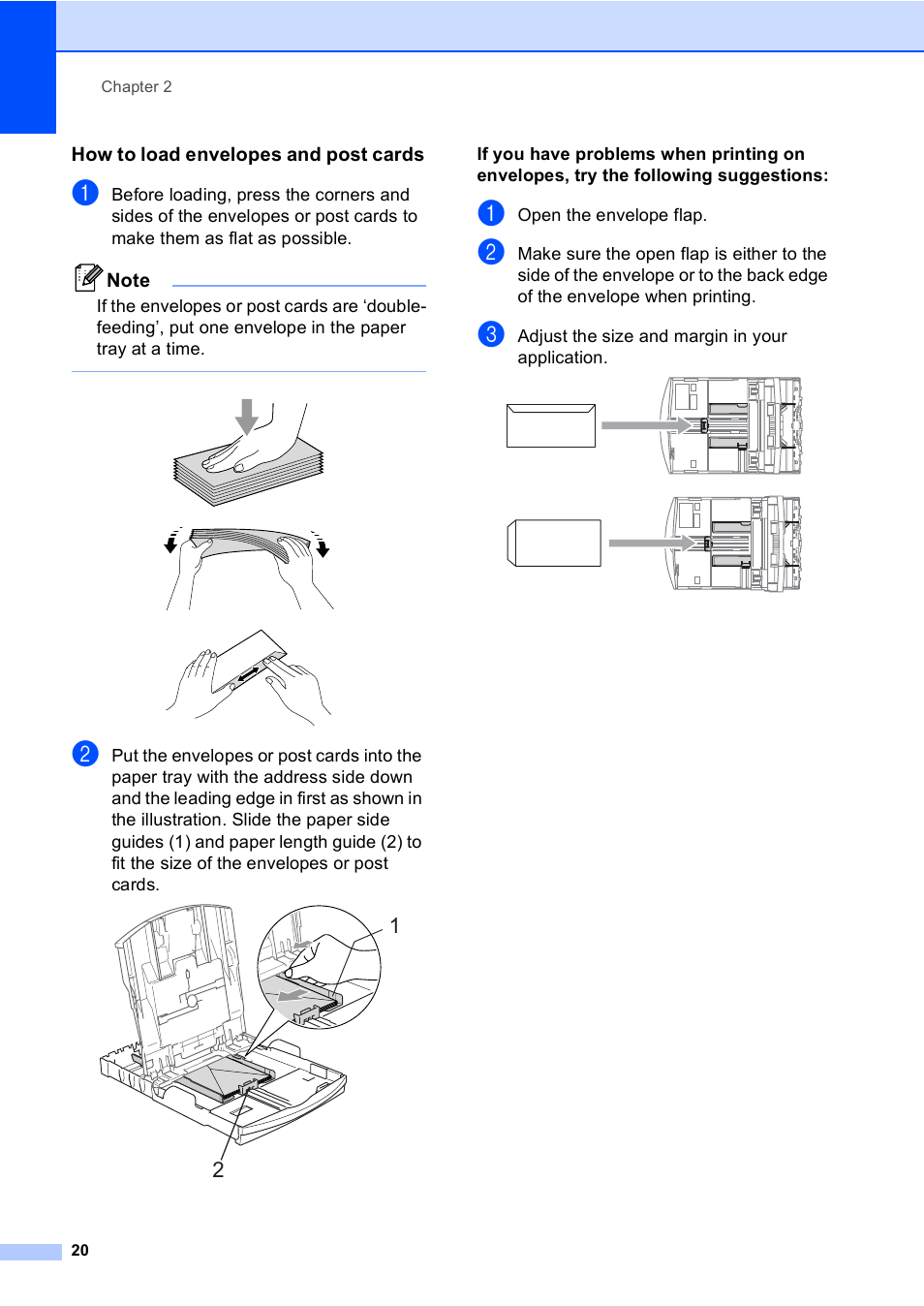 How to load envelopes and post cards | Brother MFC-665CW User Manual | Page 36 / 217