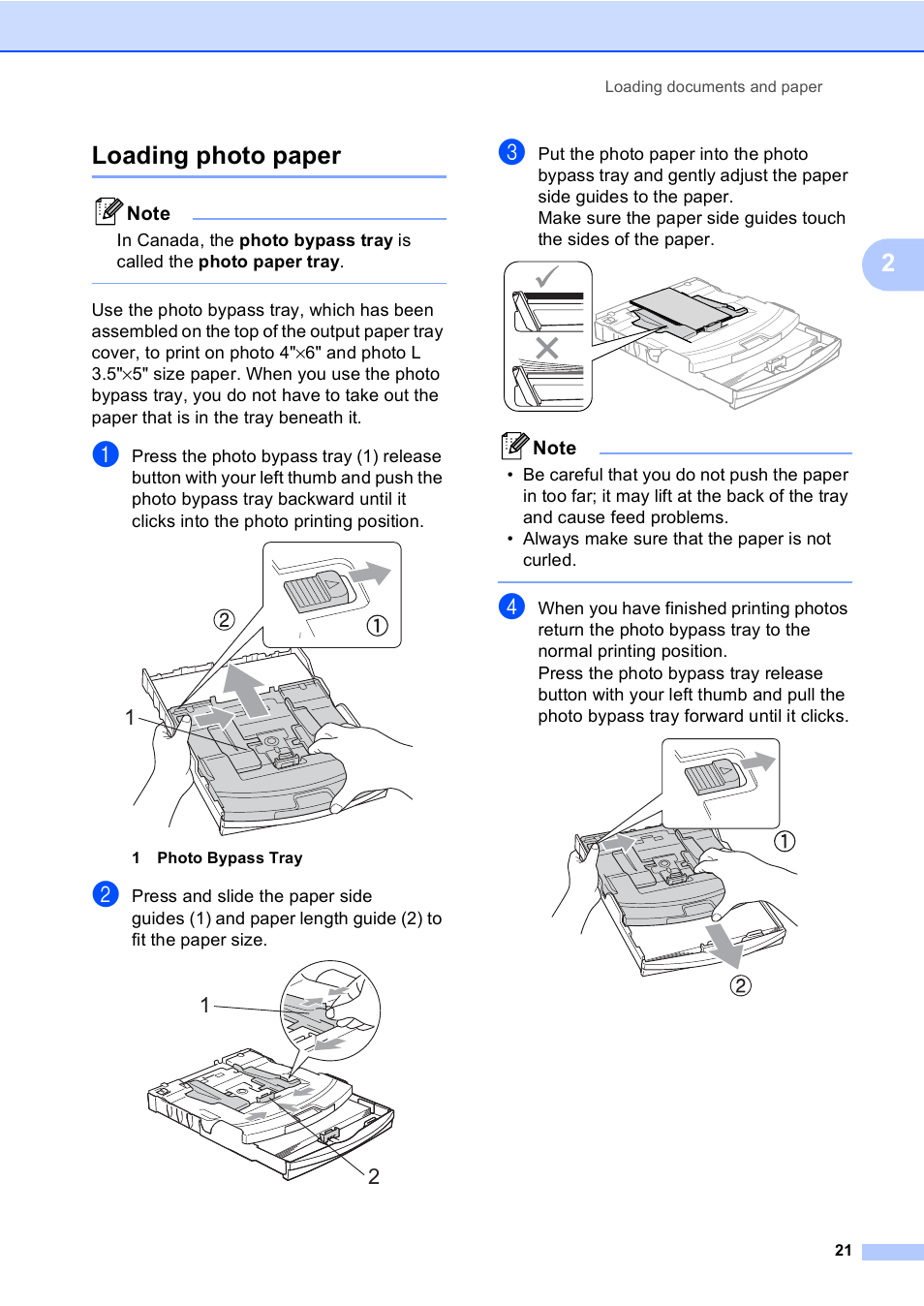Loading photo paper, 2loading photo paper | Brother MFC-665CW User Manual | Page 37 / 217