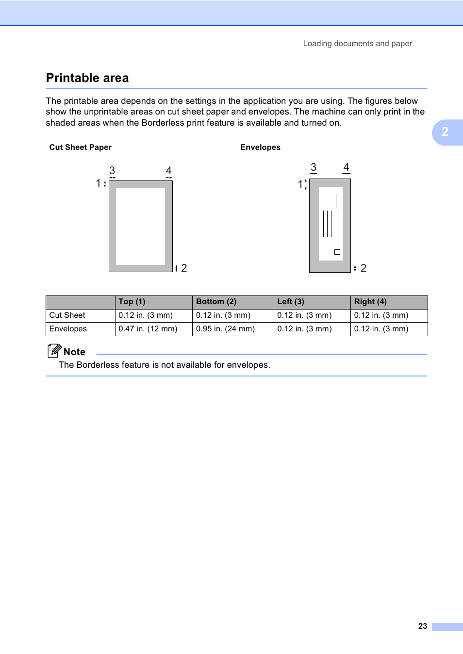 Printable area, 2printable area | Brother MFC-665CW User Manual | Page 39 / 217