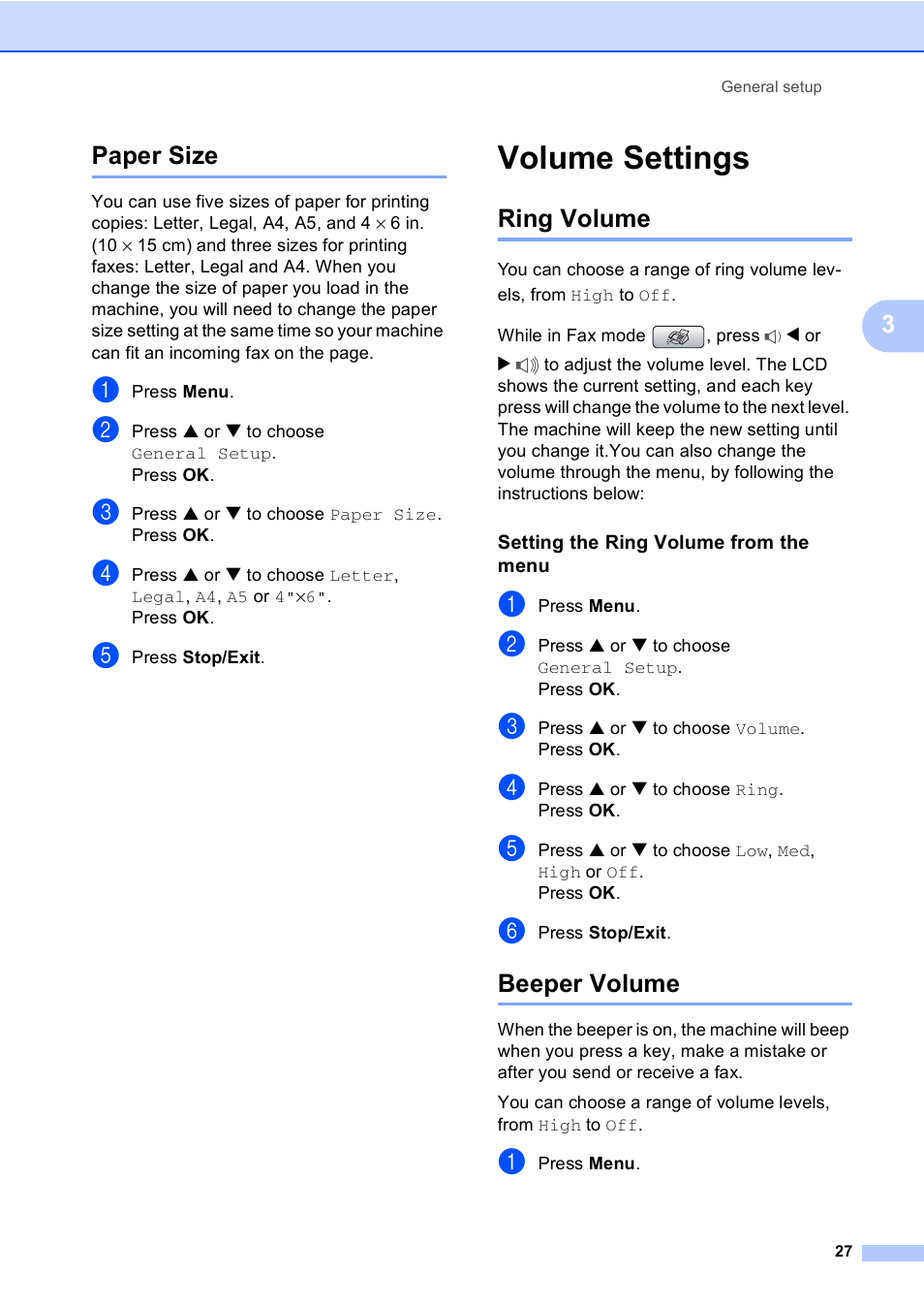 Paper size, Volume settings, Ring volume | Setting the ring volume from the menu, Beeper volume, Ring volume beeper volume, 3paper size | Brother MFC-665CW User Manual | Page 43 / 217