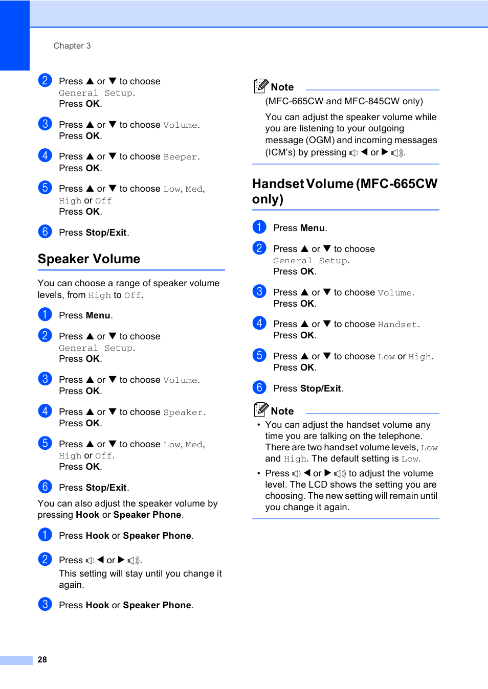 Speaker volume, Handset volume (mfc-665cw only), Speaker volume handset volume (mfc-665cw only) | Brother MFC-665CW User Manual | Page 44 / 217