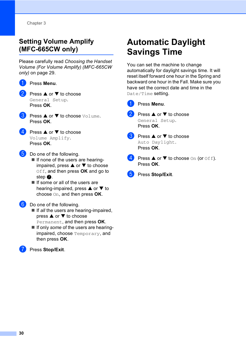 Setting volume amplify (mfc-665cw only), Automatic daylight savings time | Brother MFC-665CW User Manual | Page 46 / 217