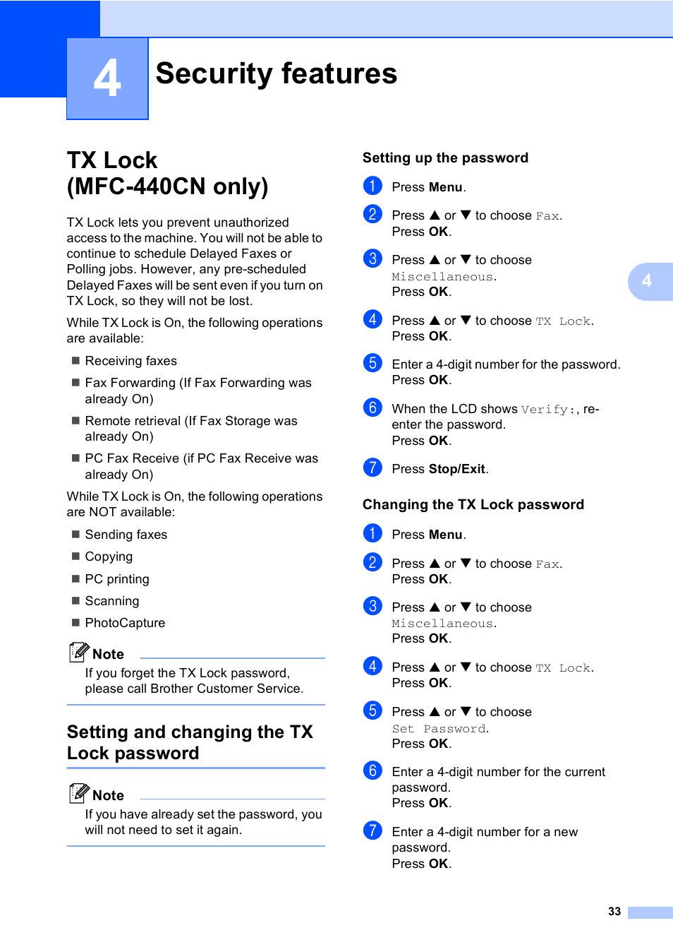 4 security features, Tx lock (mfc-440cn only), Setting and changing the tx lock password | Setting up the password, Changing the tx lock password, Security features | Brother MFC-665CW User Manual | Page 49 / 217