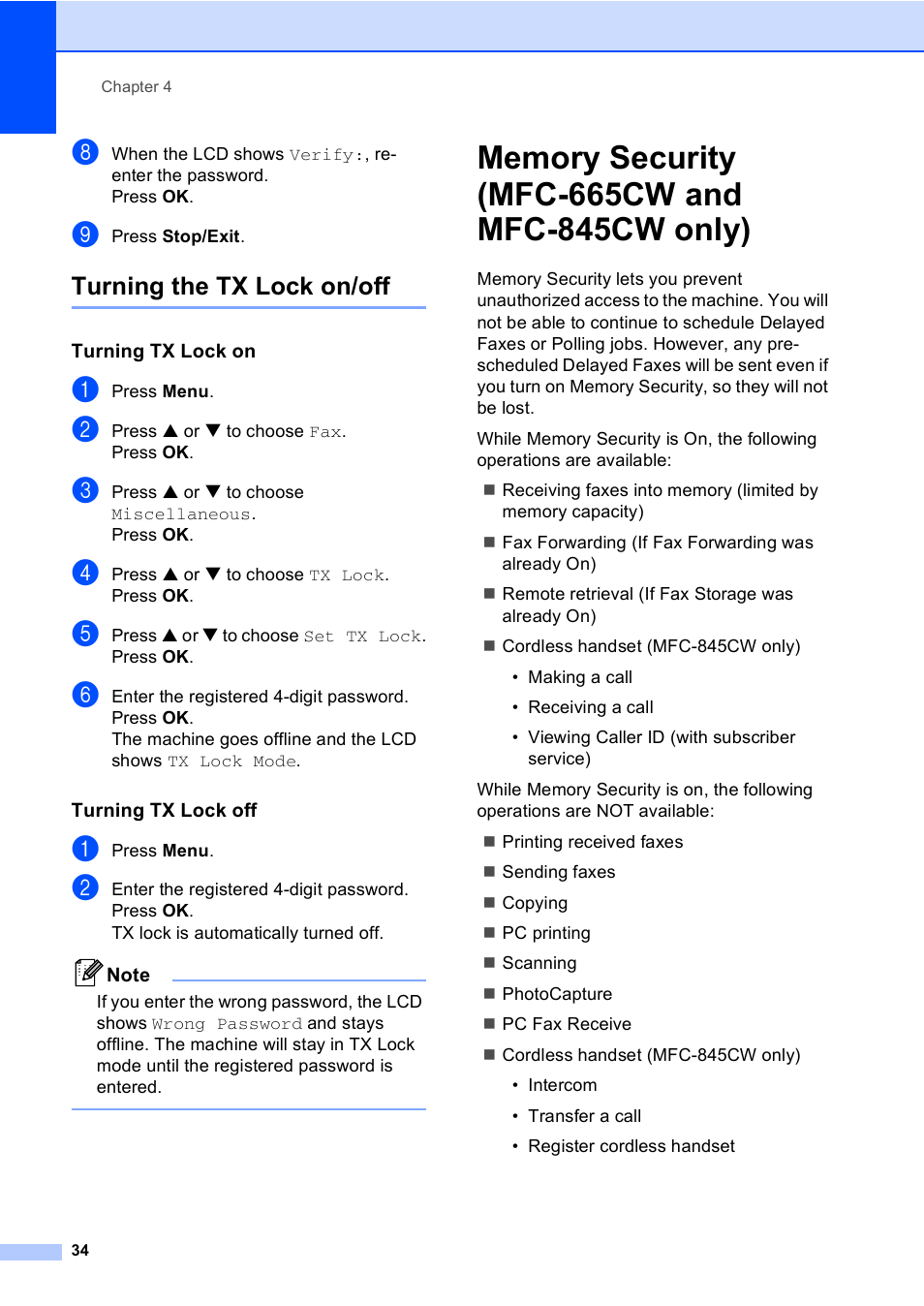 Turning the tx lock on/off, Turning tx lock on, Turning tx lock off | Memory security (mfc-665cw and mfc-845cw only) | Brother MFC-665CW User Manual | Page 50 / 217