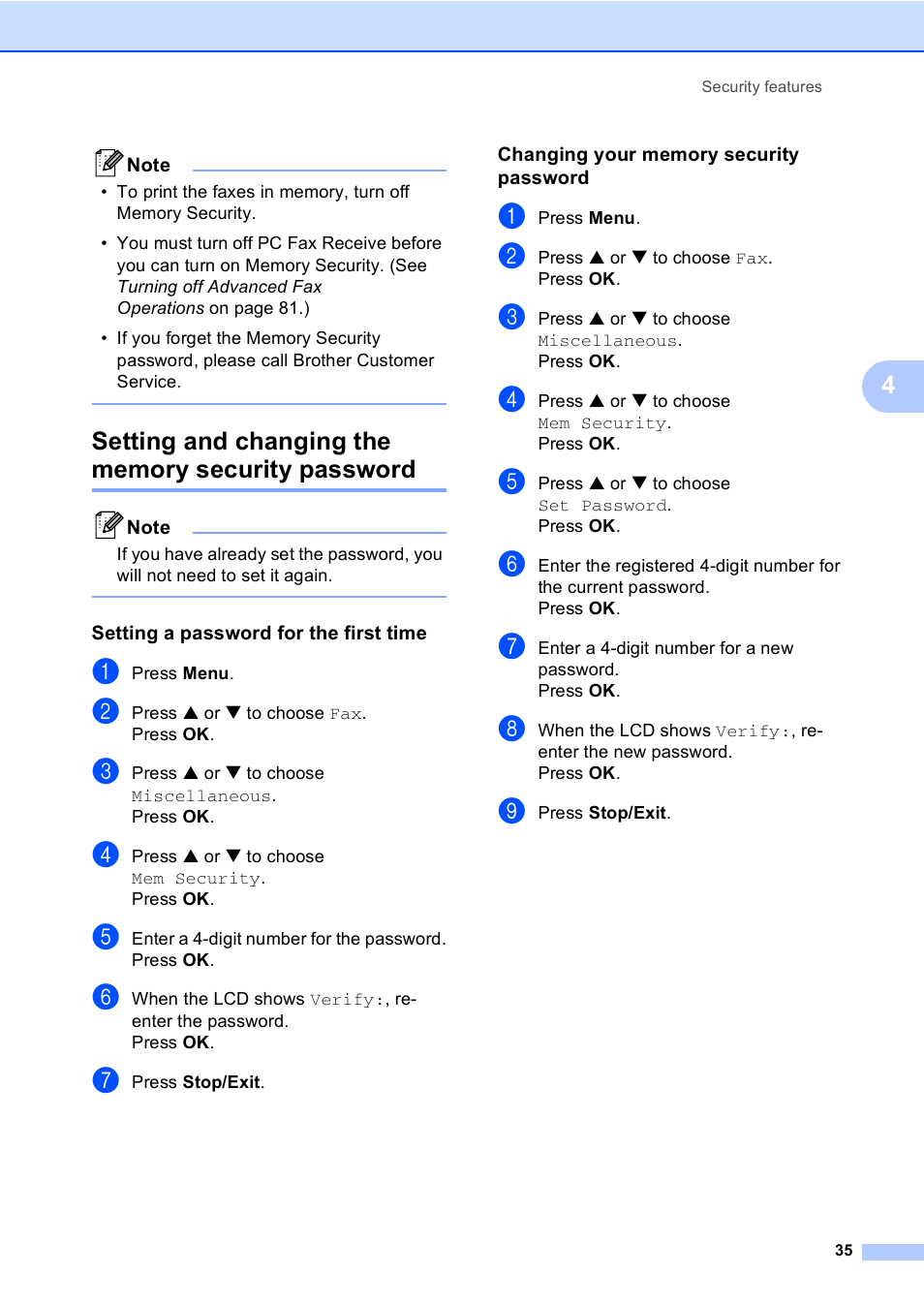 Setting and changing the memory security password, Setting a password for the first time, Changing your memory security password | Brother MFC-665CW User Manual | Page 51 / 217