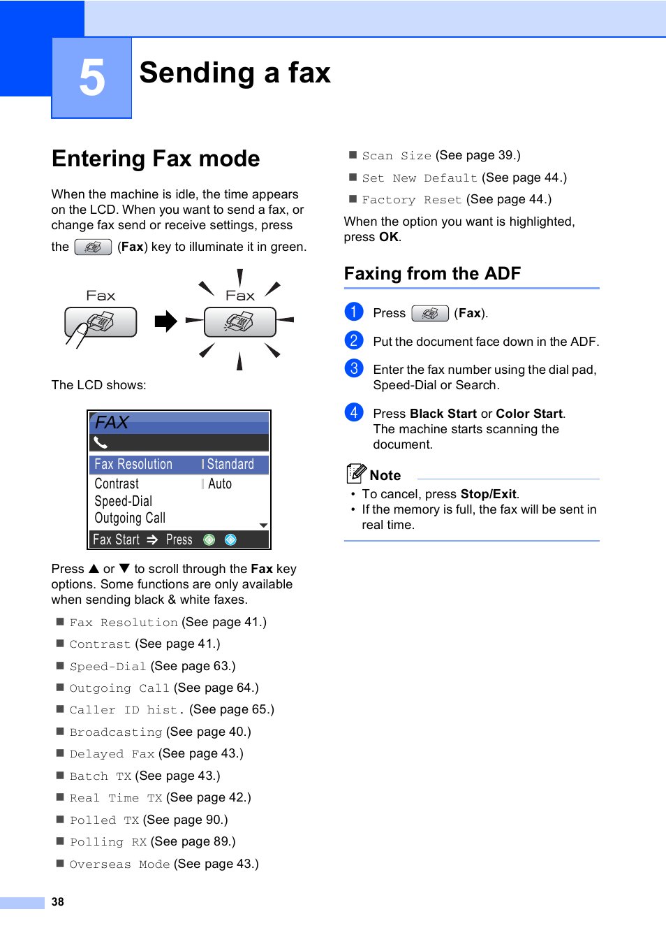 5 sending a fax, Entering fax mode, Faxing from the adf | Sending a fax | Brother MFC-665CW User Manual | Page 54 / 217