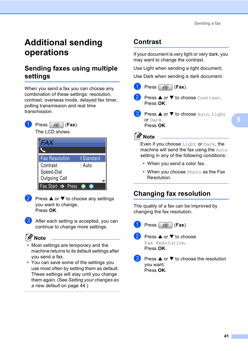 Additional sending operations, Sending faxes using multiple settings, Contrast | Changing fax resolution | Brother MFC-665CW User Manual | Page 57 / 217