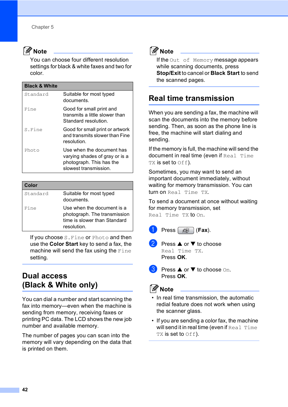 Dual access (black & white only), Real time transmission | Brother MFC-665CW User Manual | Page 58 / 217